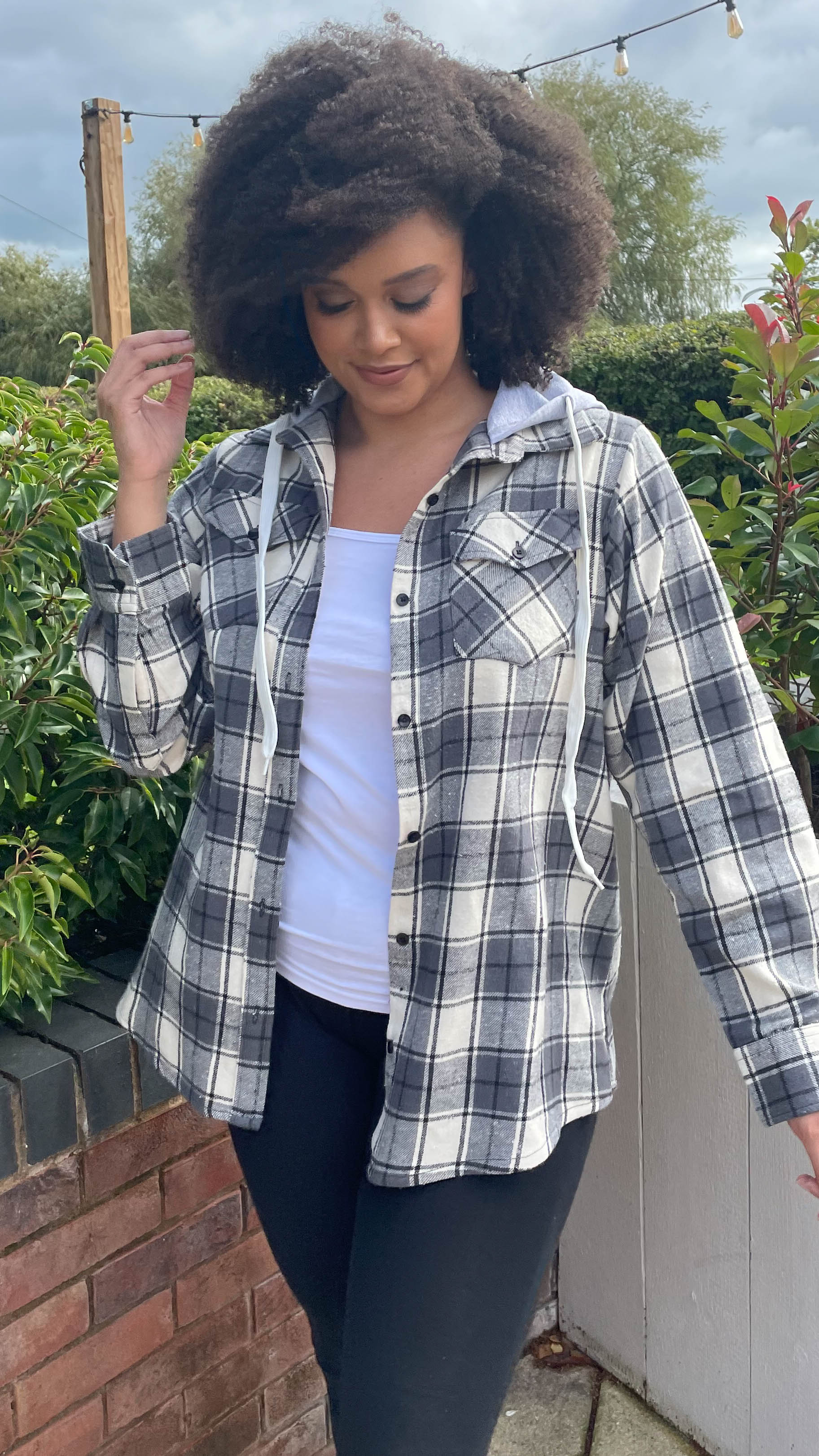 CurveWow Flannel Hooded Shirt Grey Check