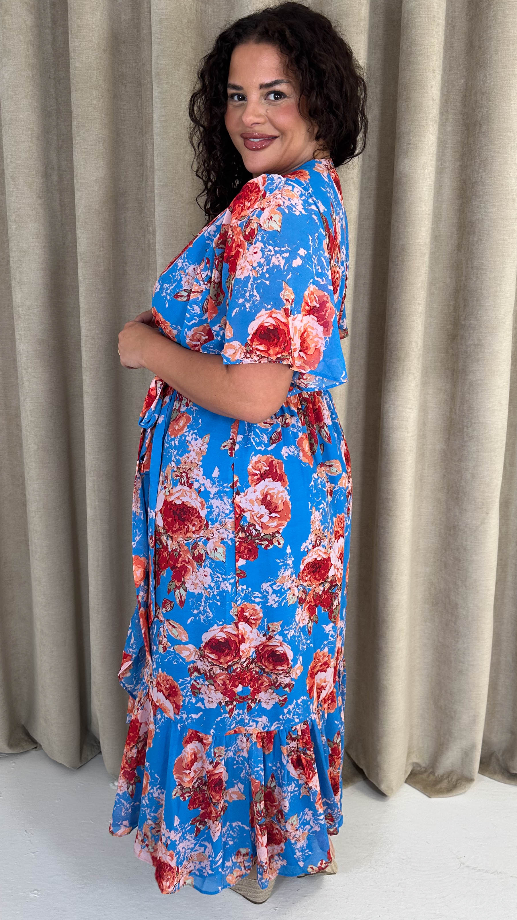 CurveWow Asymmetric Wrap Dress Blue Floral - Image 9