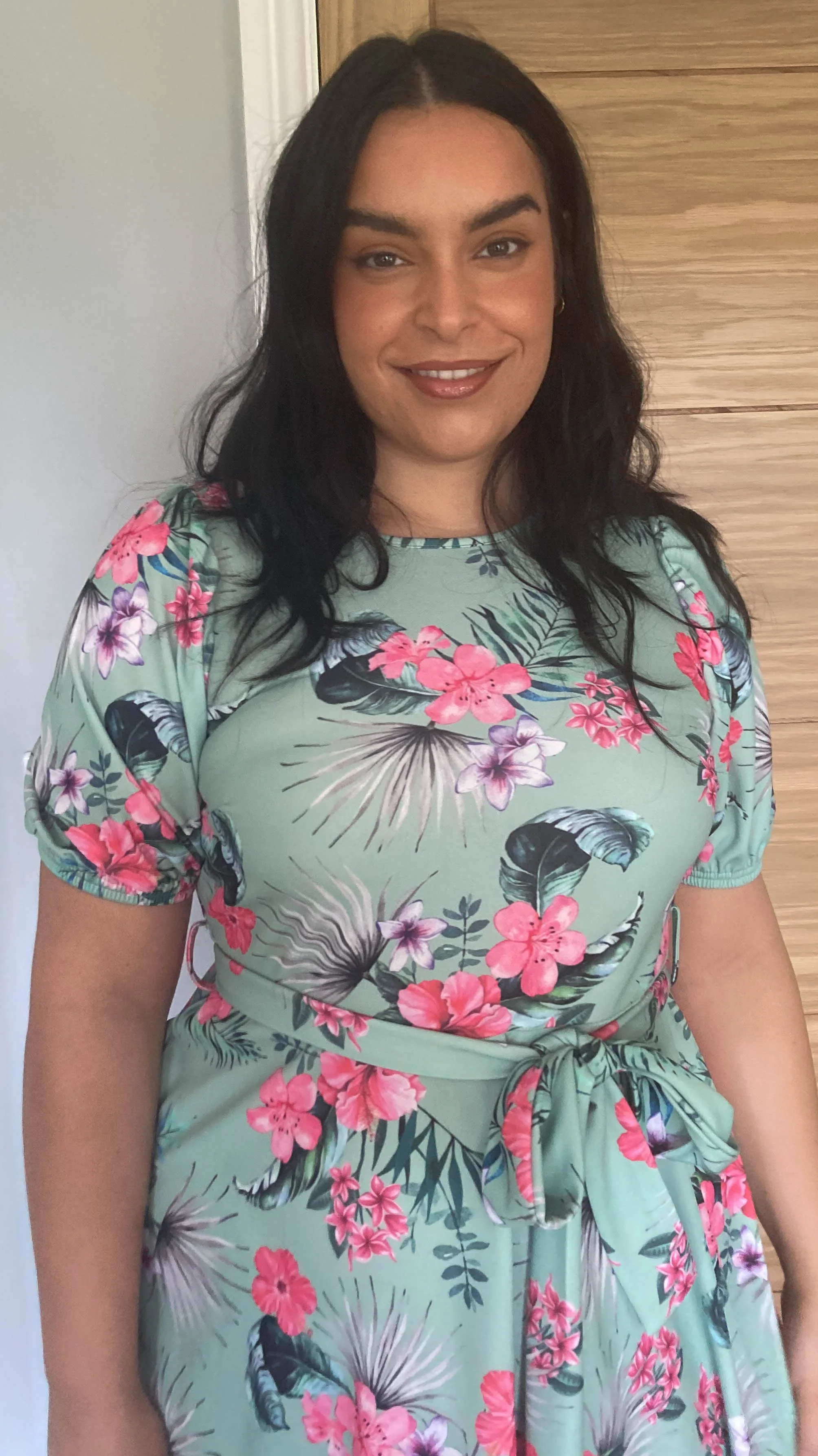 CurveWow Green Floral Belle Sleeve Dress