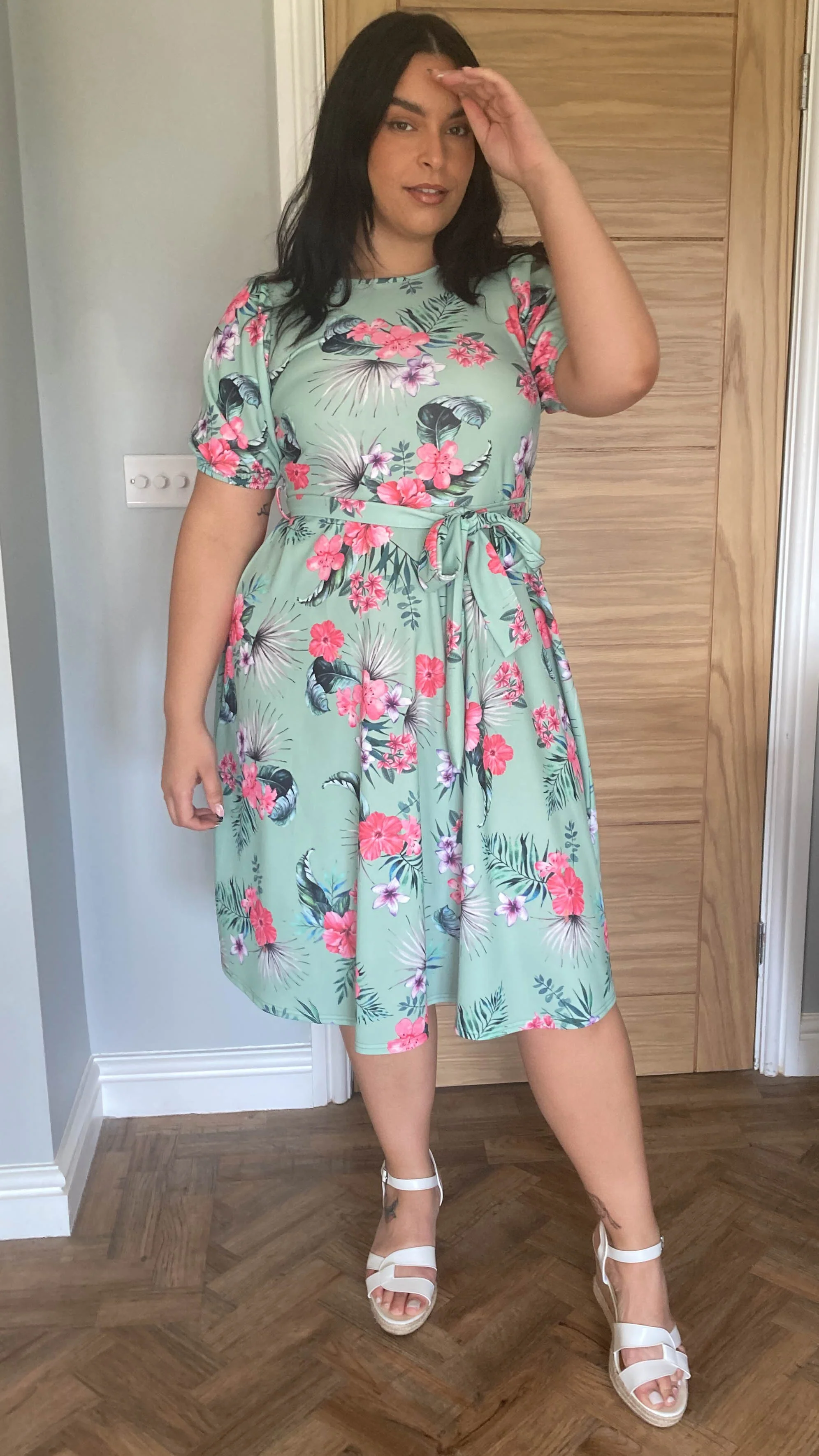 CurveWow Green Floral Belle Sleeve Dress - Image 2