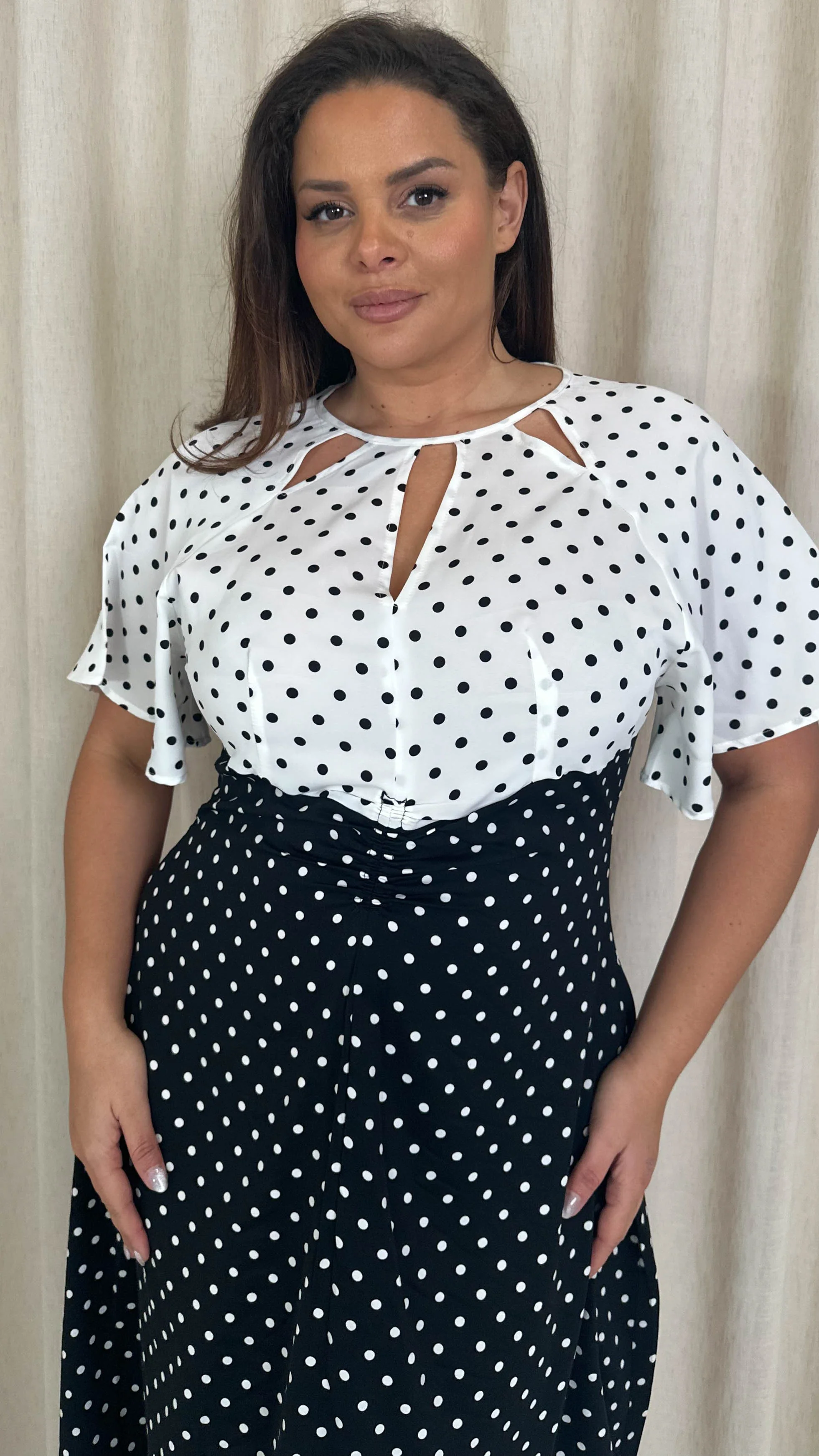 CurveWow Cut Out Midi Dress Black/White Polka Dots - Image 2
