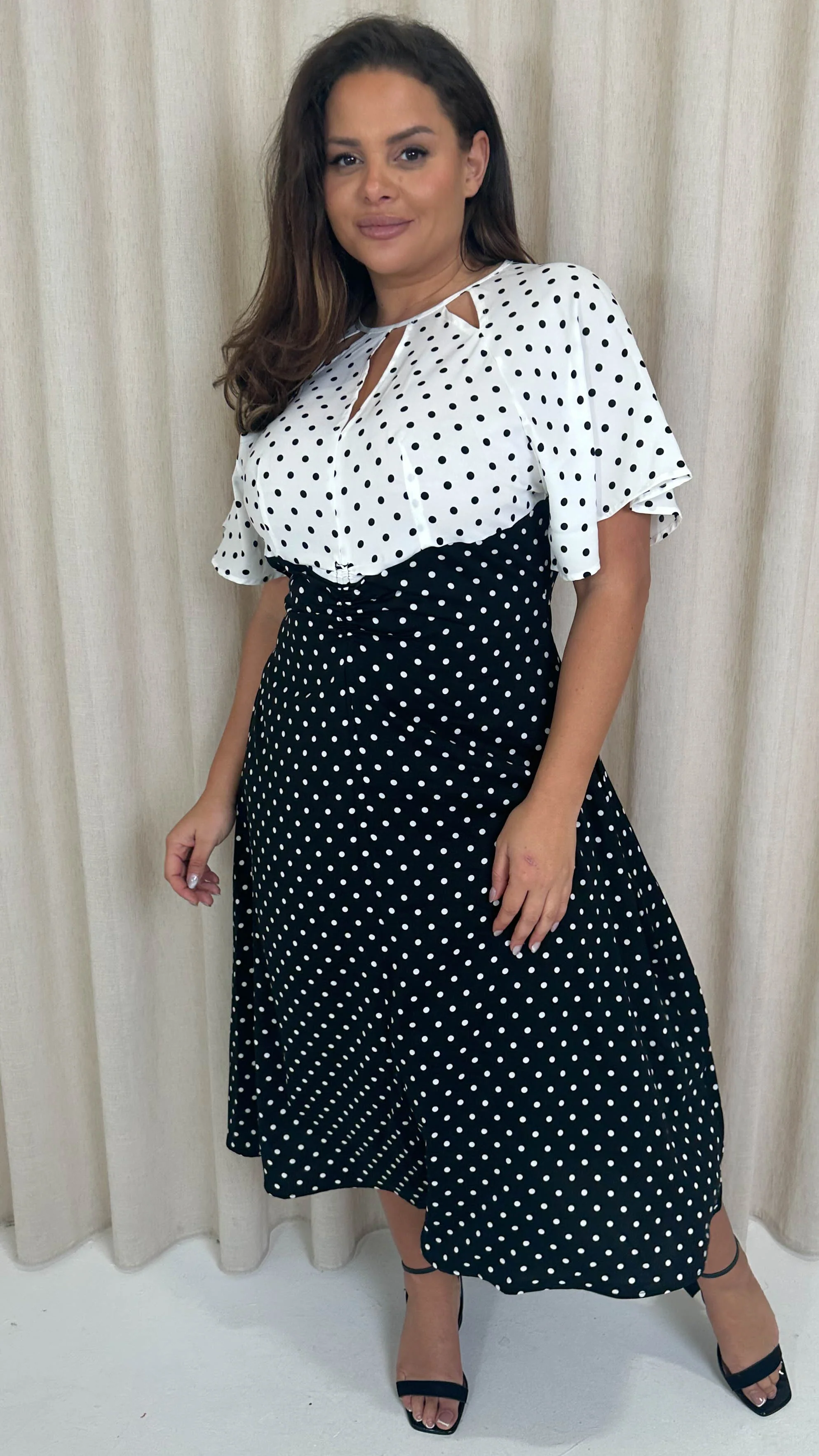 CurveWow Cut Out Midi Dress Black/White Polka Dots - Image 6