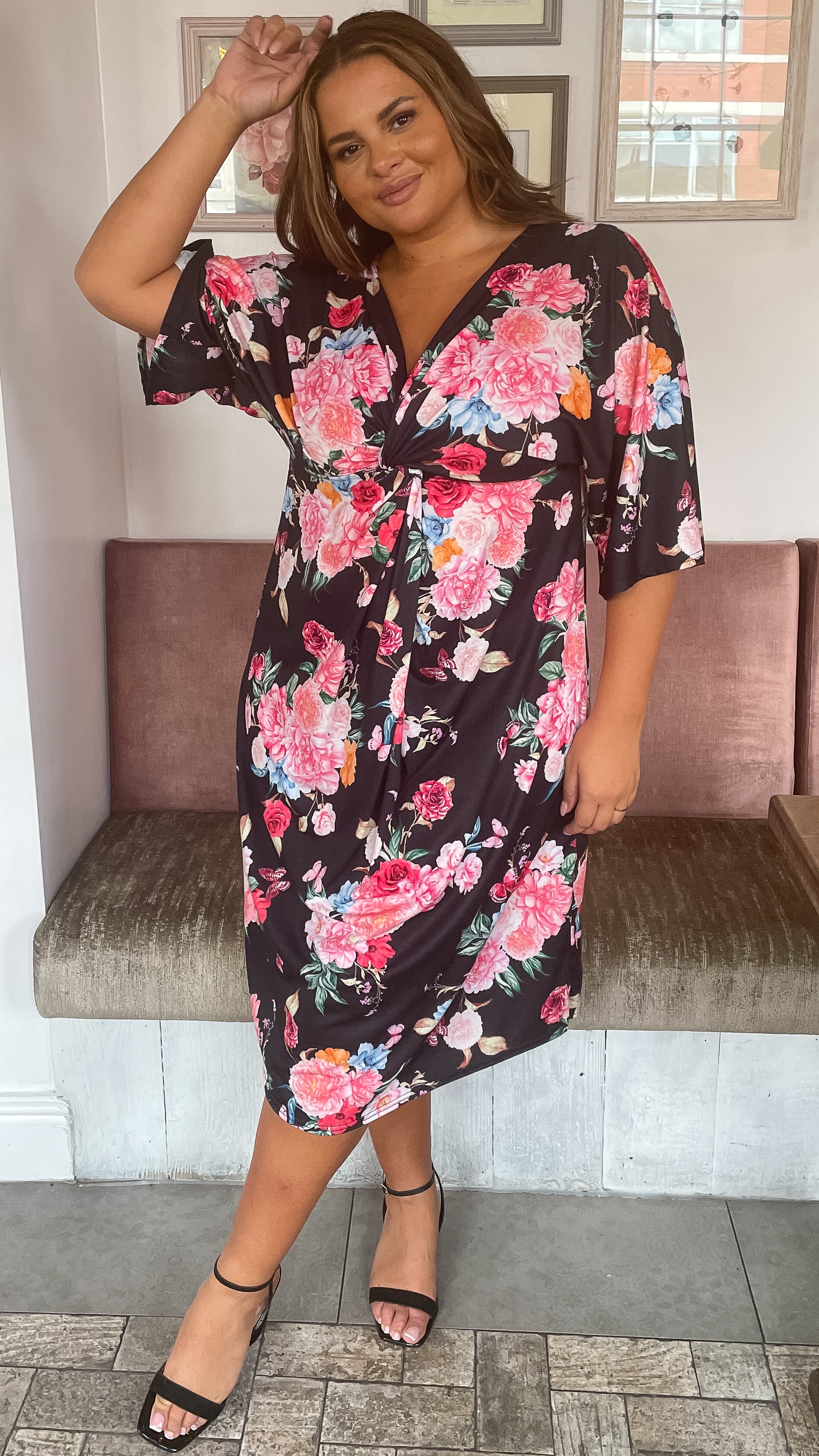 CurveWow Floral Fluted Sleeve Knot Dress Black - Image 3
