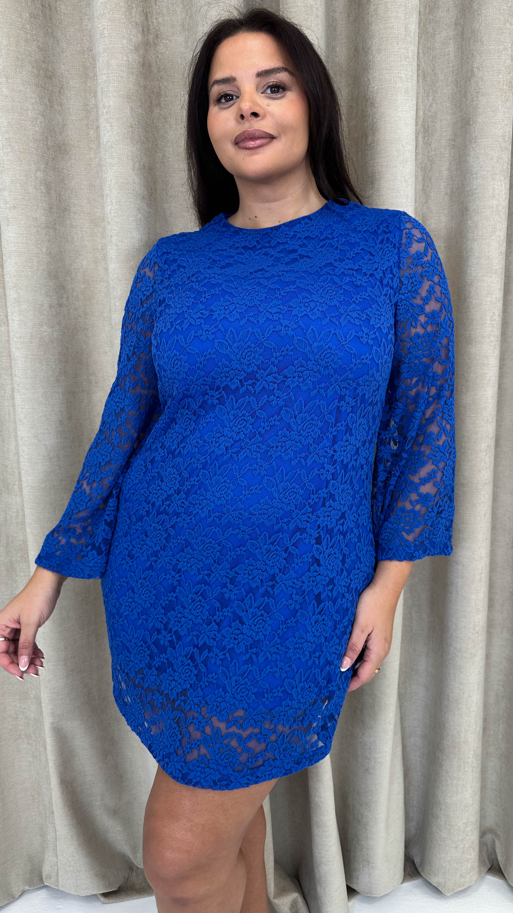 CurveWow Floral Lace Shift Dress Cobalt Blue - Image 7