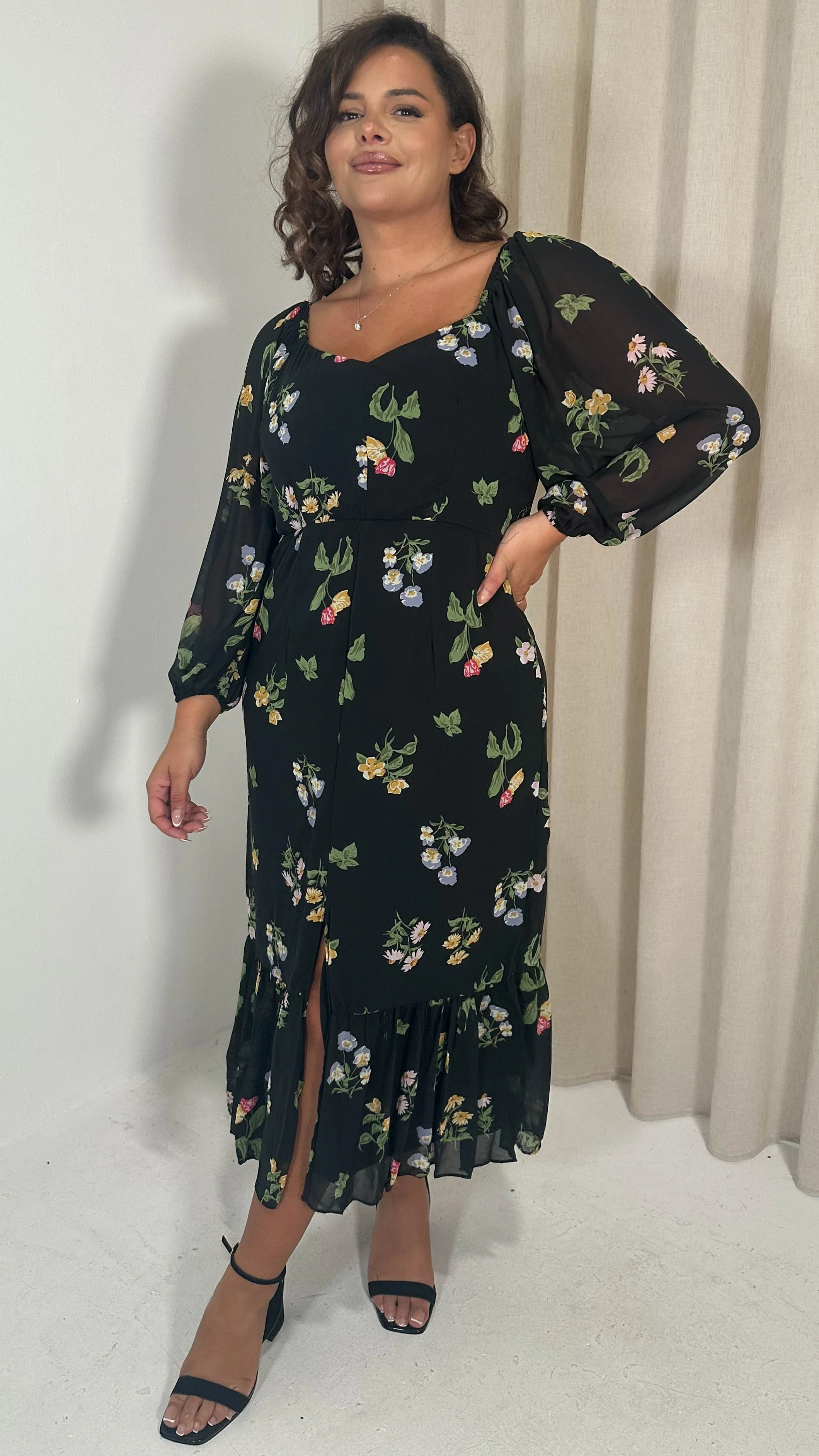 CurveWow Floral Milkmaid Dress Black Multi - Image 6