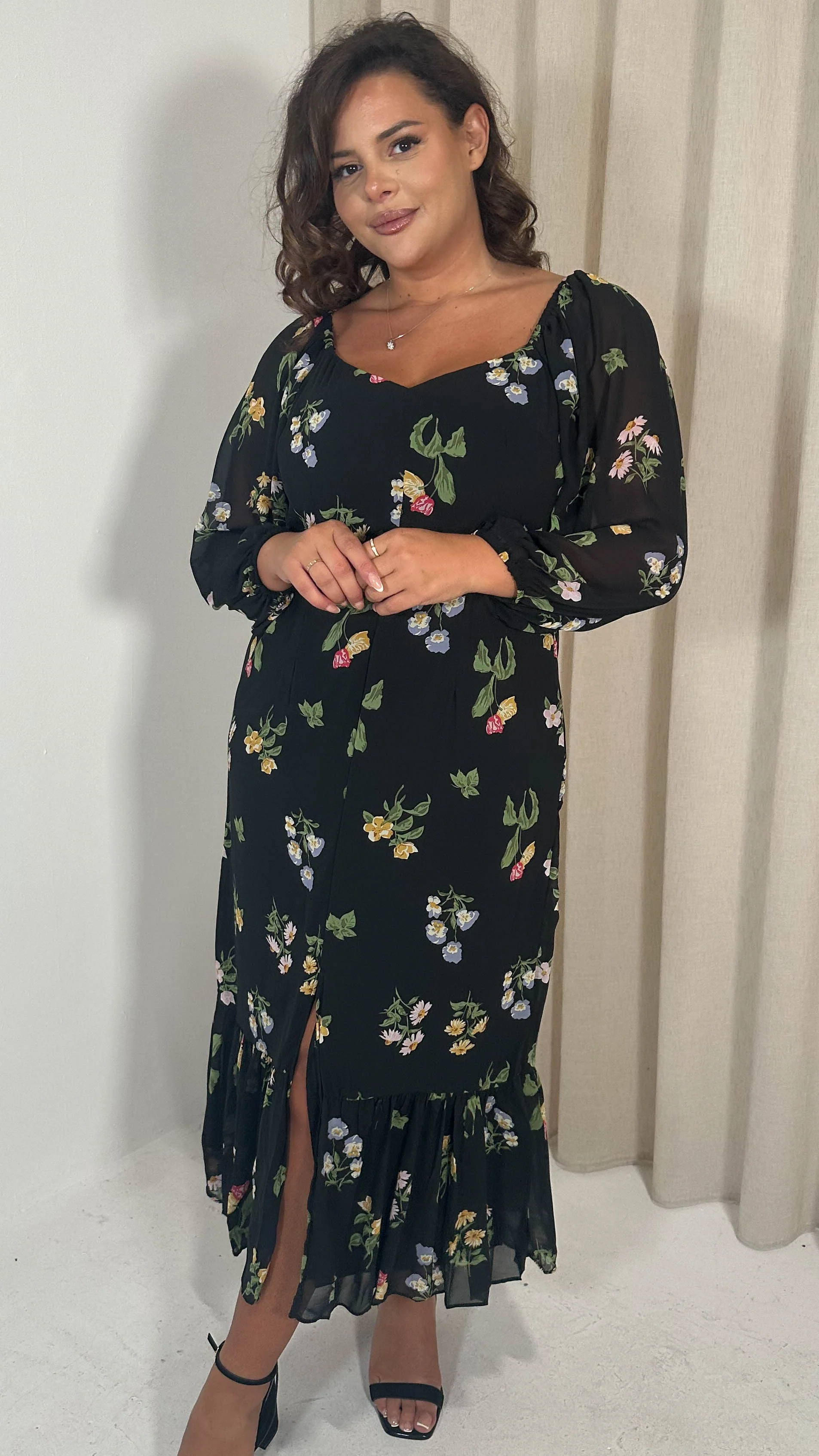 CurveWow Floral Milkmaid Dress Black Multi - Image 7