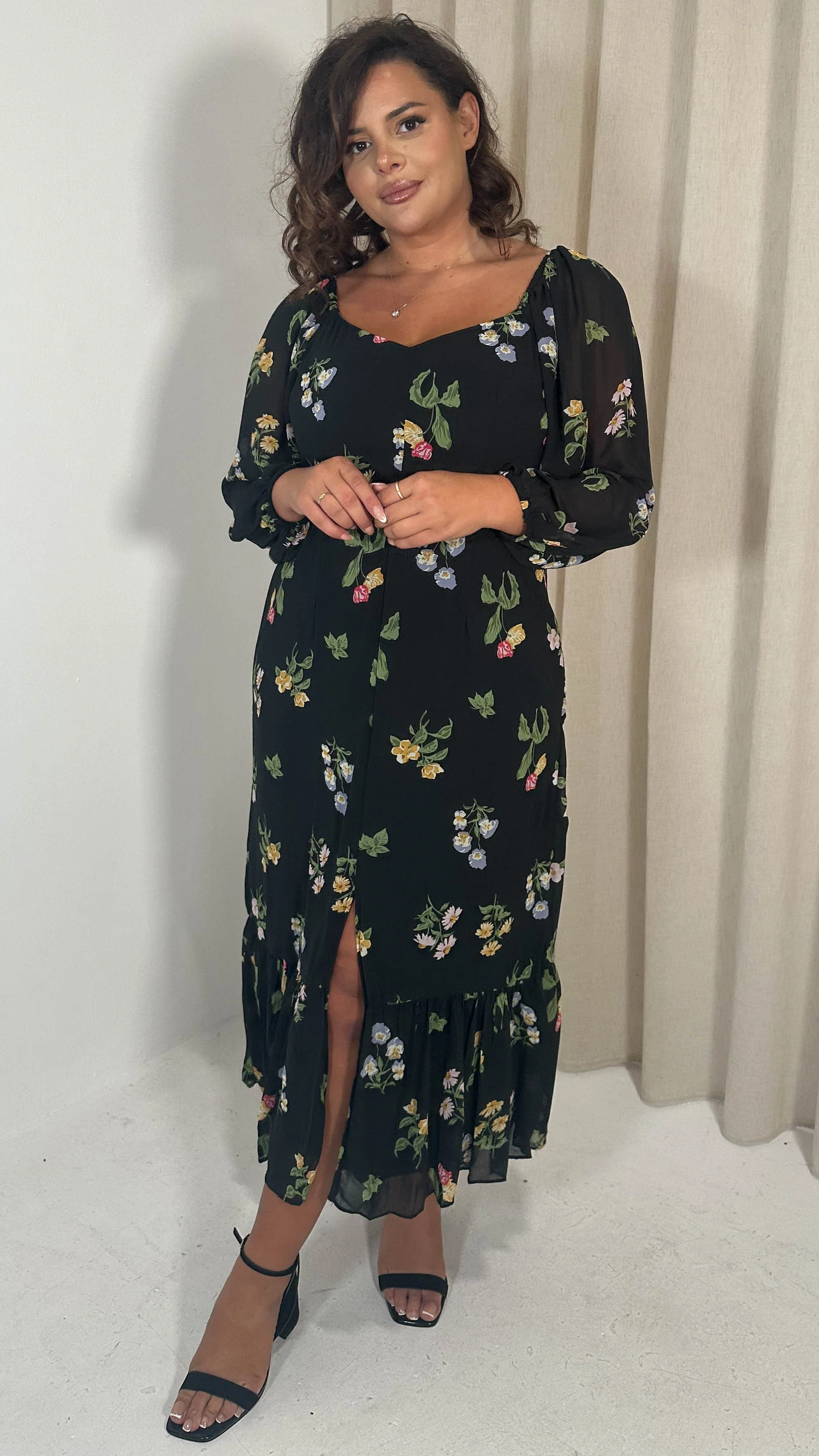 CurveWow Floral Milkmaid Dress Black Multi - Image 8