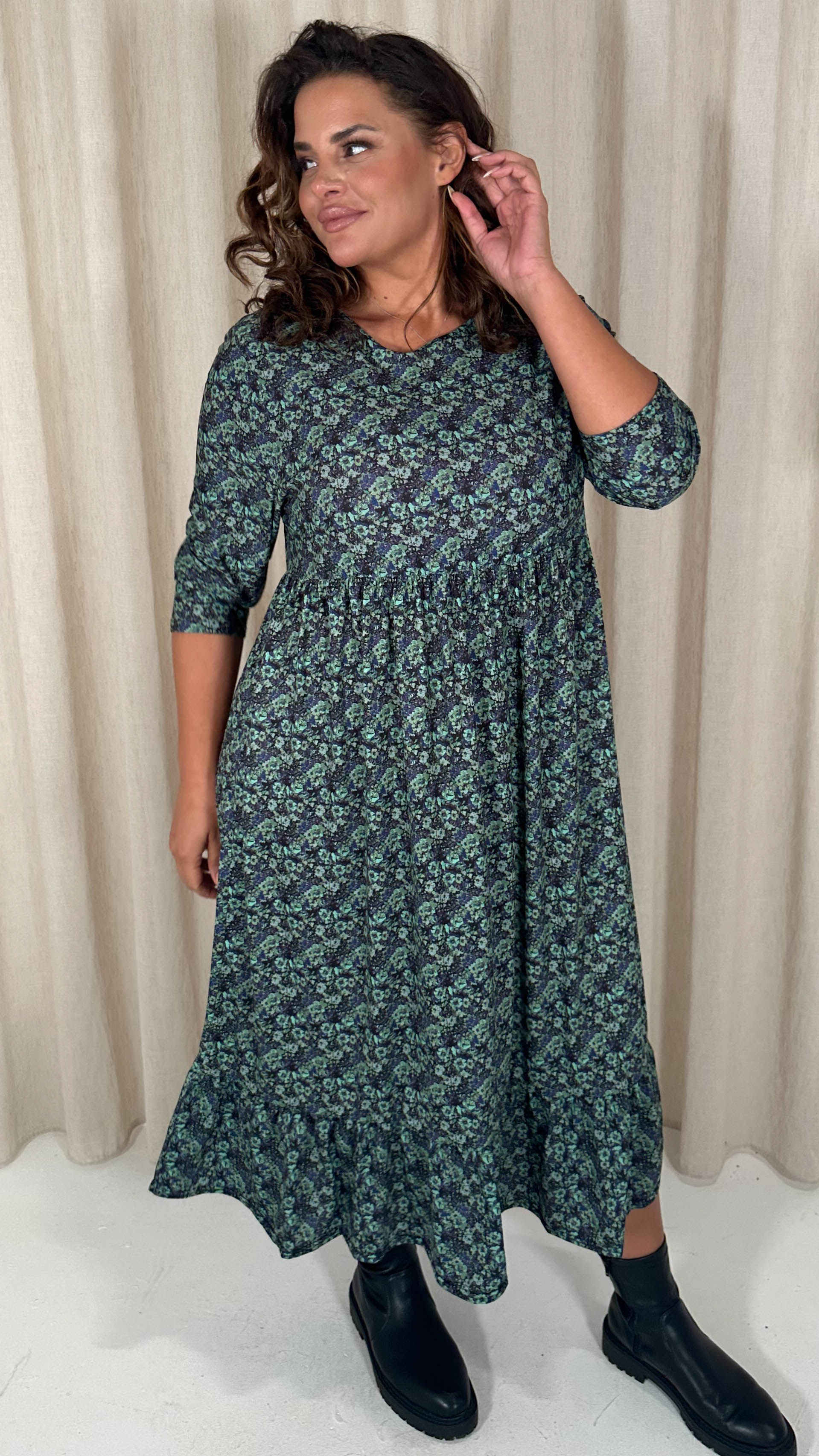 CurveWow Floral Smock Dress Blue/Green - Image 3