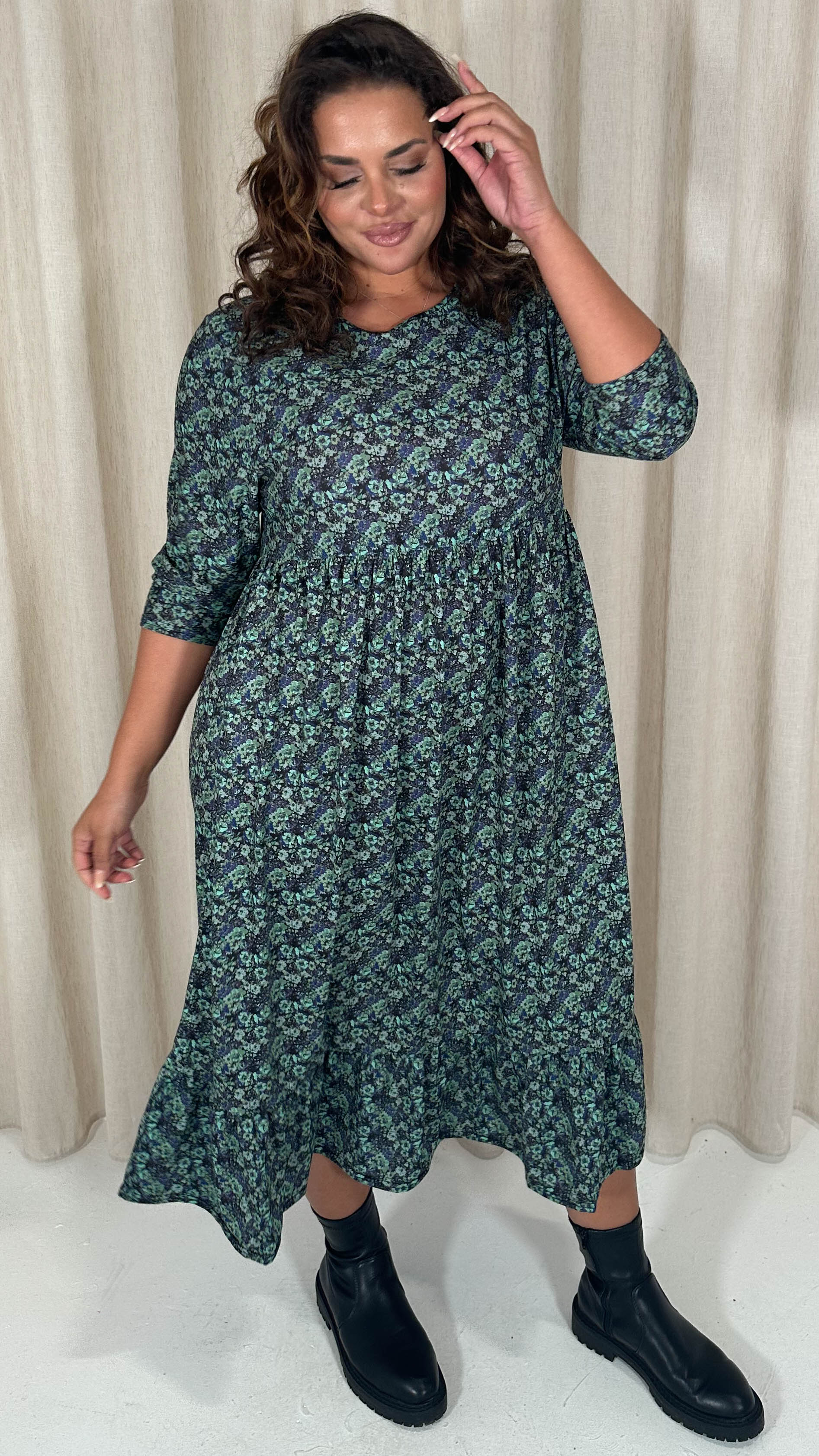 CurveWow Floral Smock Dress Blue/Green - Image 6