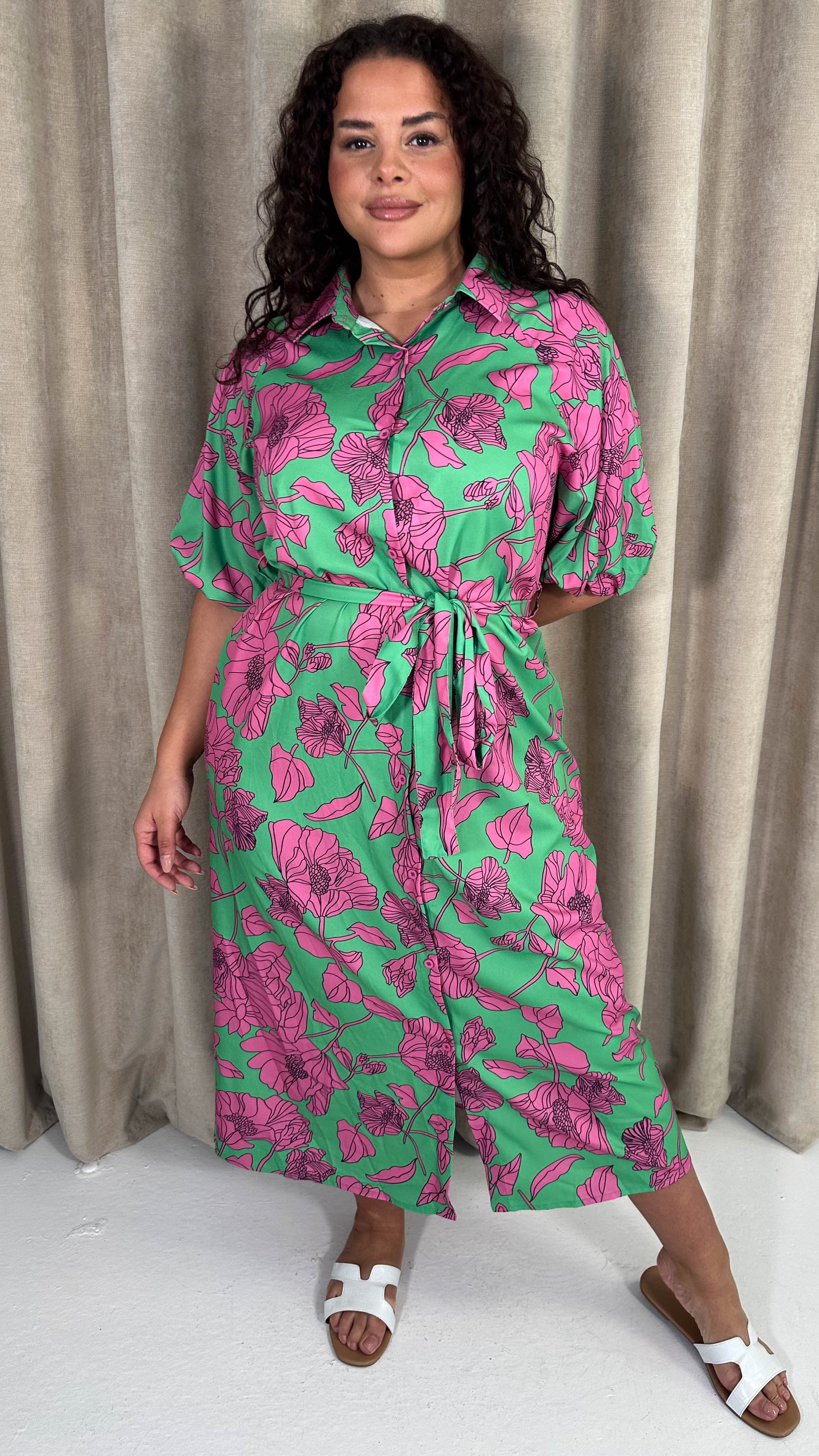CurveWow Floral Tie Waist Shirt Dress Pink & Green Floral - Image 5