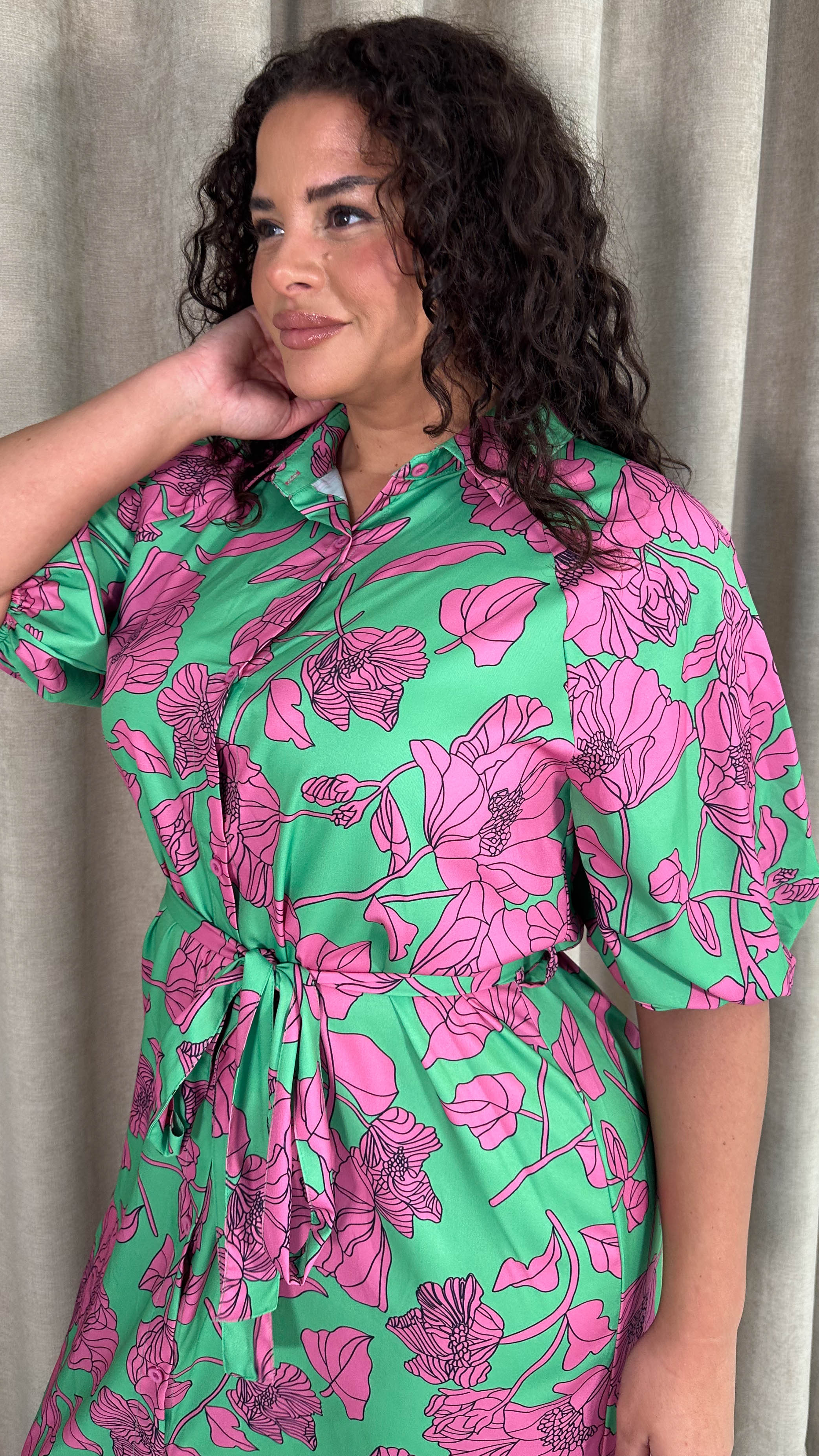 CurveWow Floral Tie Waist Shirt Dress Pink & Green Floral - Image 6