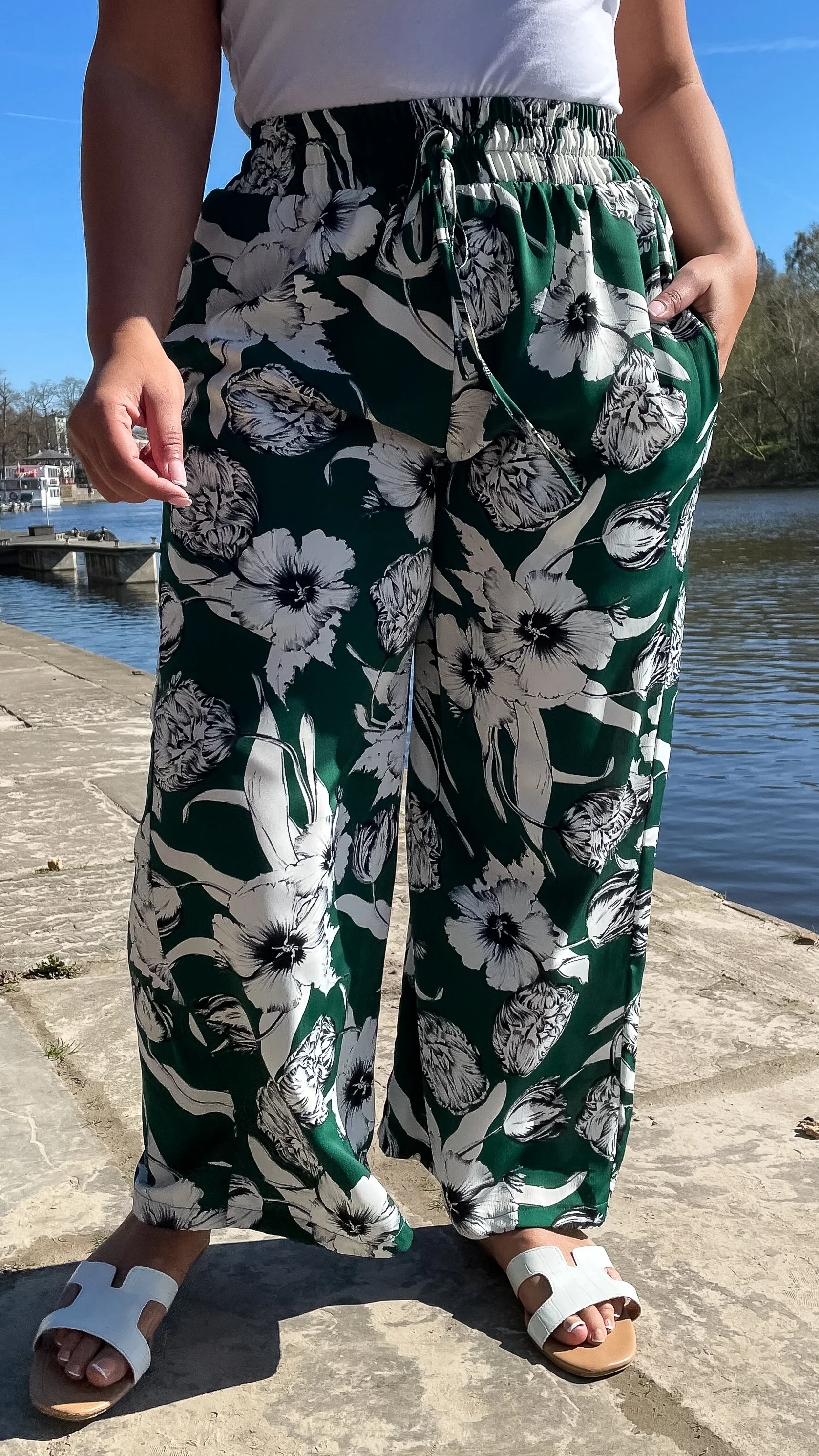 CurveWow Floral Trousers Green Floral Print