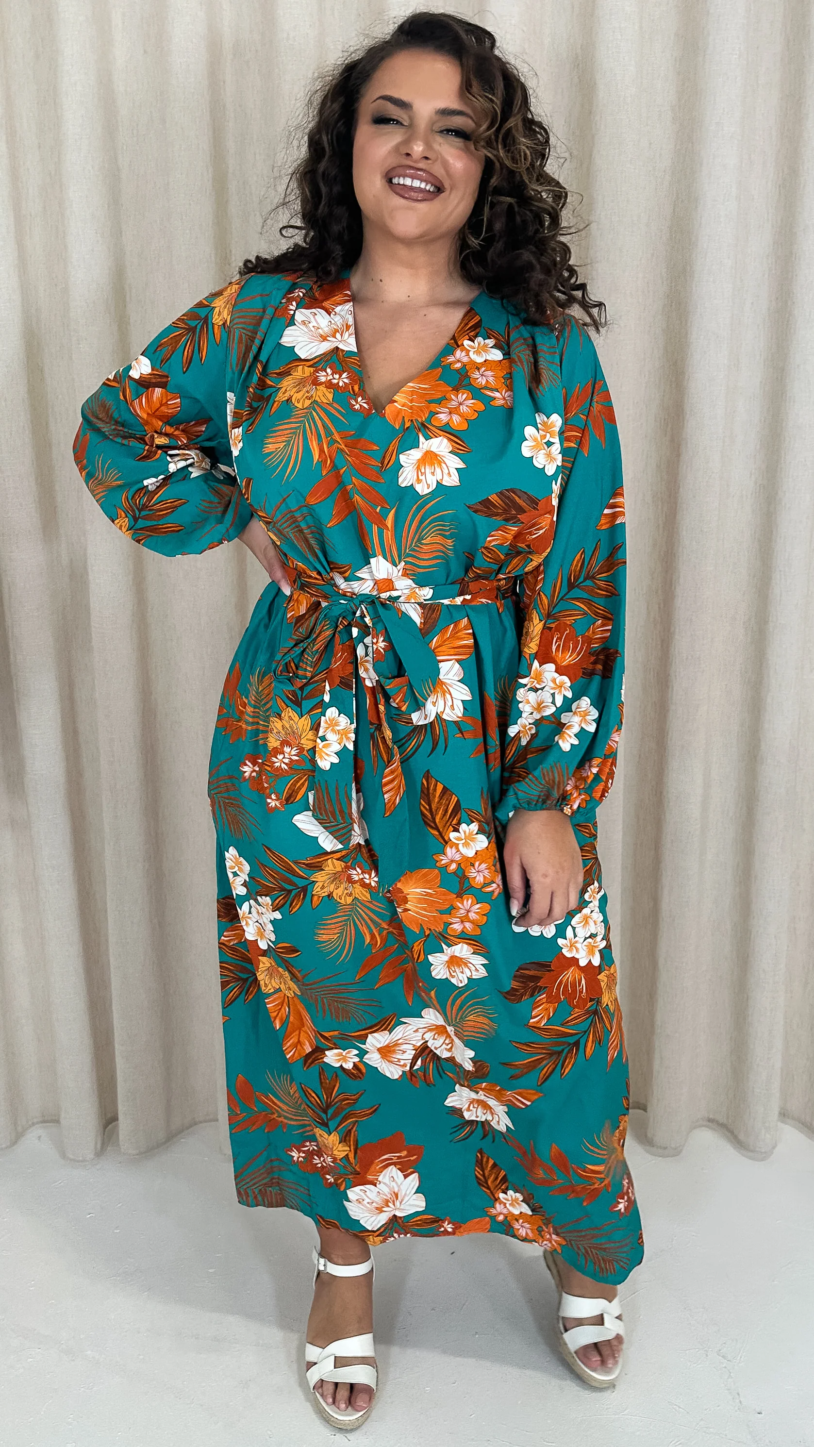 CurveWow V Neck Maxi Dress Teal Floral - Image 2