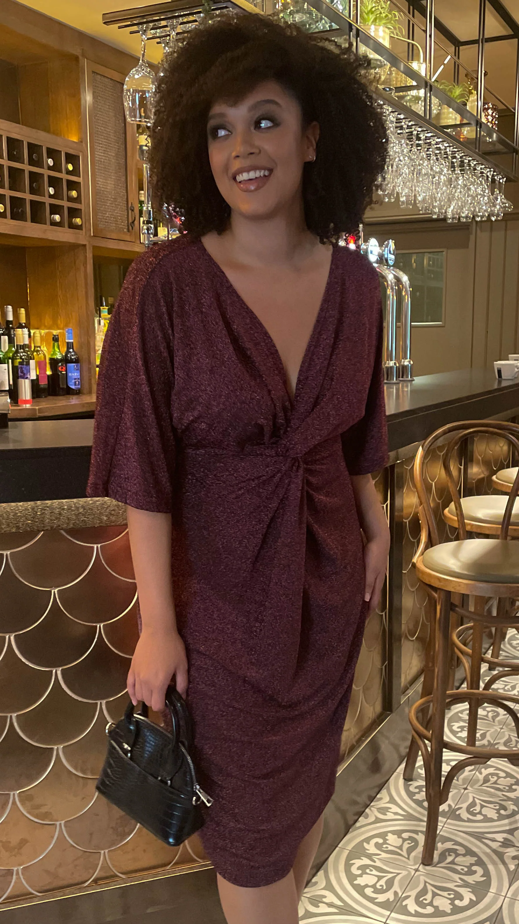 CurveWow Fluted Sleeve Knot Dress Rose Gold - Image 3