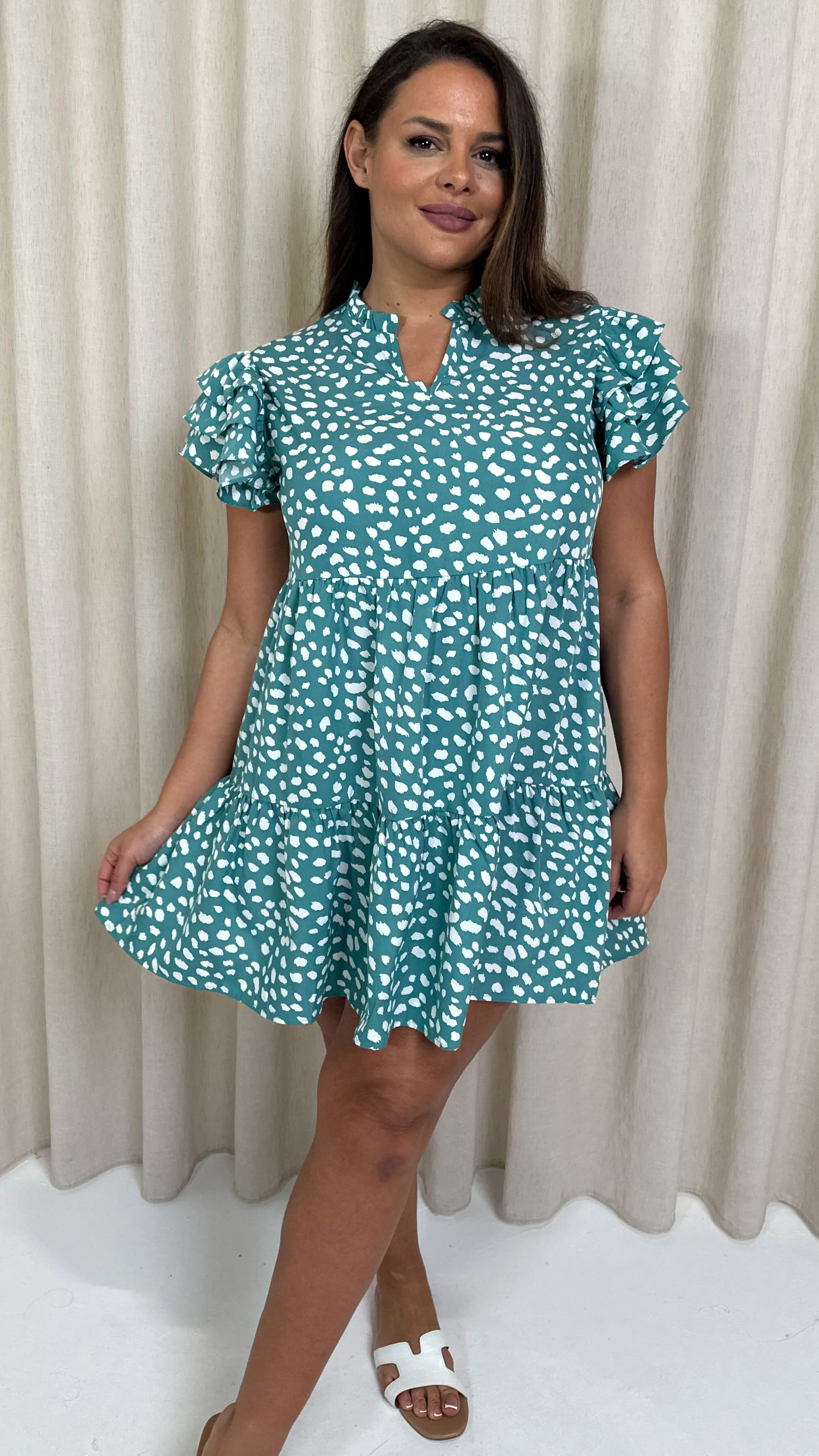 CurveWow Fluted Sleeve Smock Dress Green Smudge - Image 3