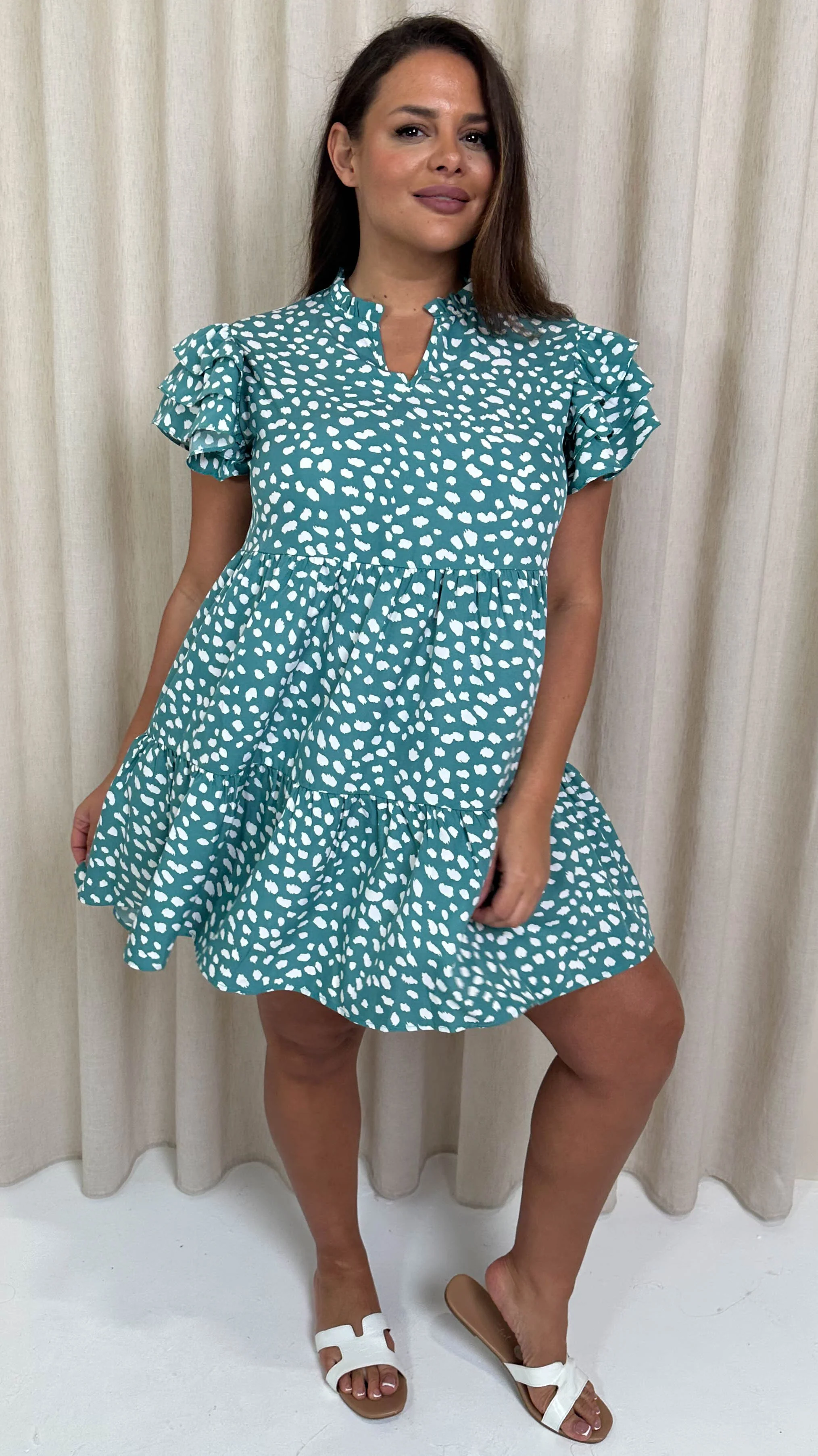 CurveWow Fluted Sleeve Smock Dress Green Smudge - Image 4