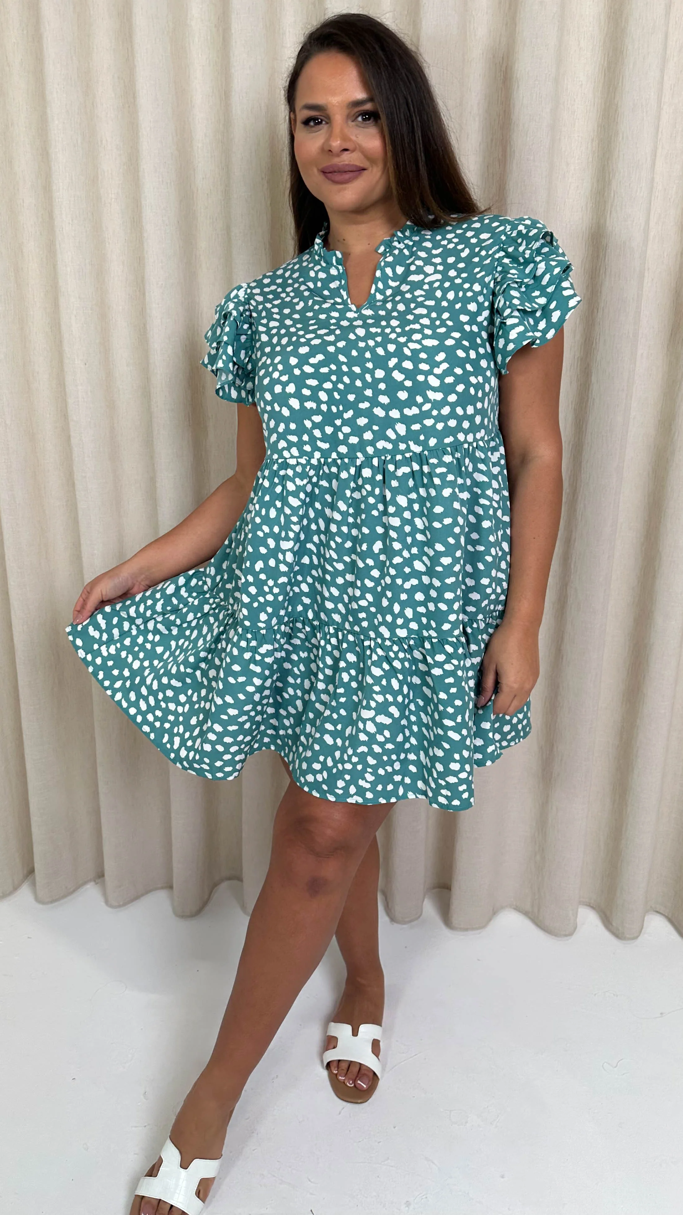 CurveWow Fluted Sleeve Smock Dress Green Smudge - Image 5