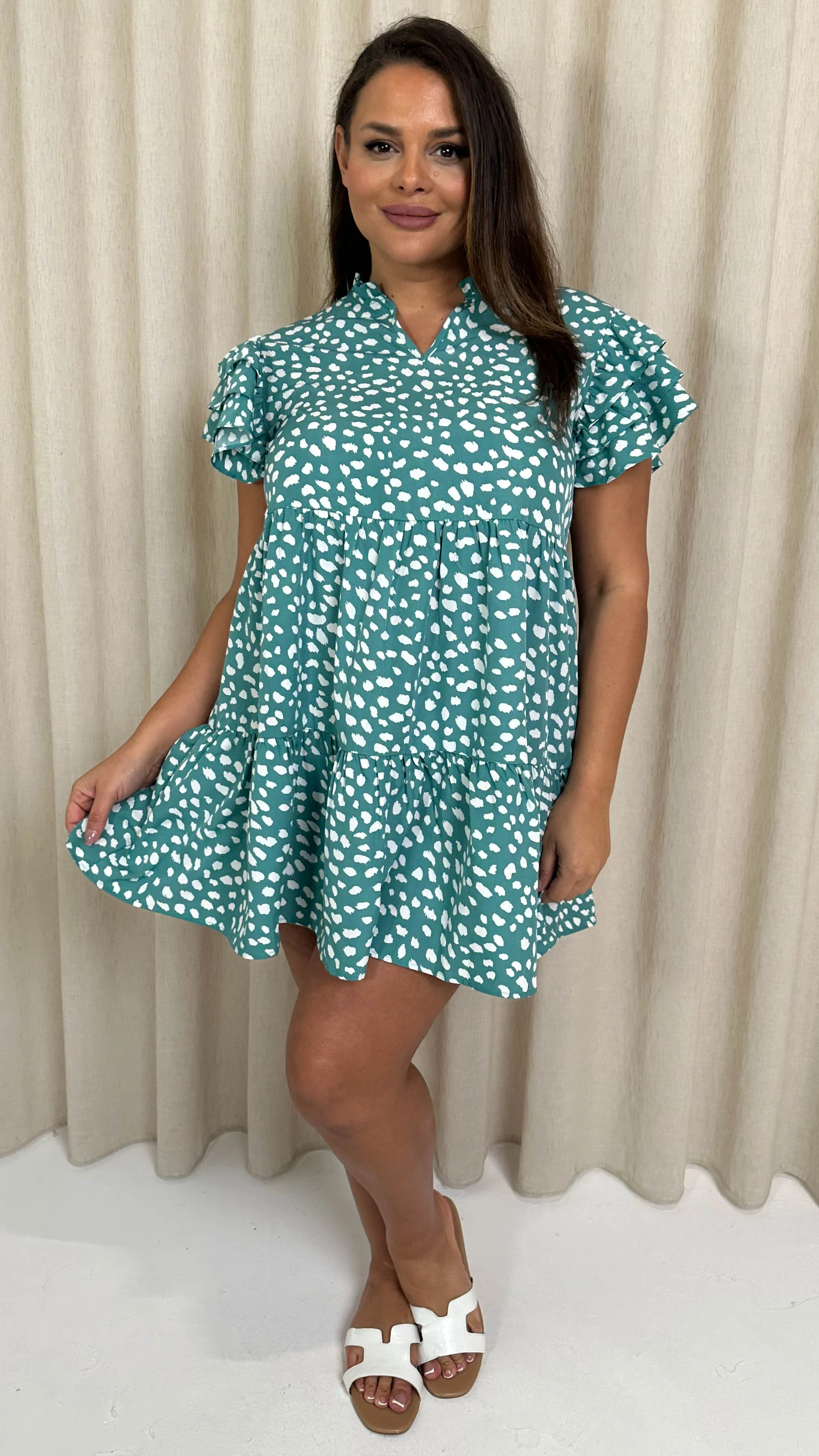 CurveWow Fluted Sleeve Smock Dress Green Smudge - Image 6