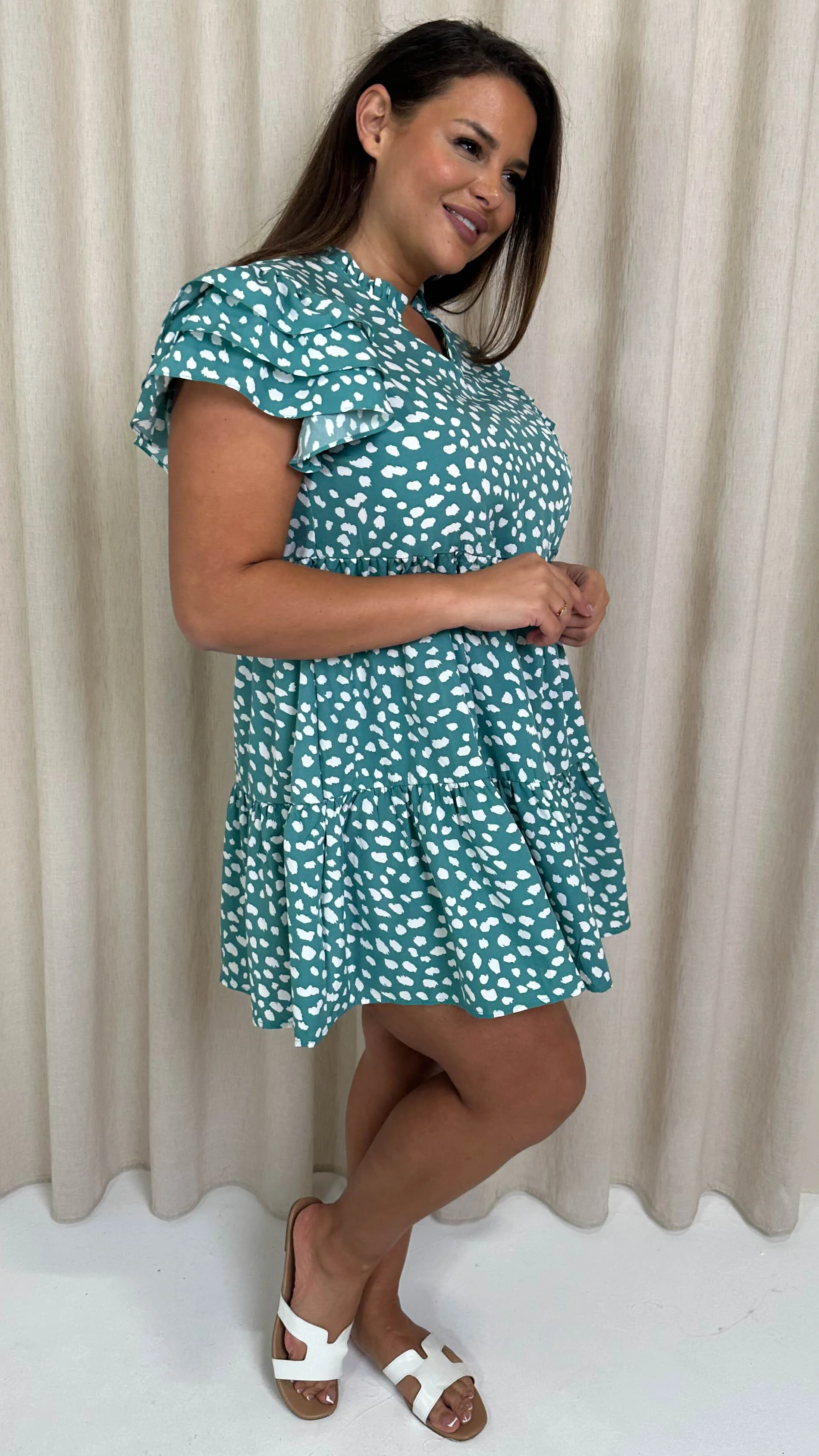 CurveWow Fluted Sleeve Smock Dress Green Smudge - Image 7