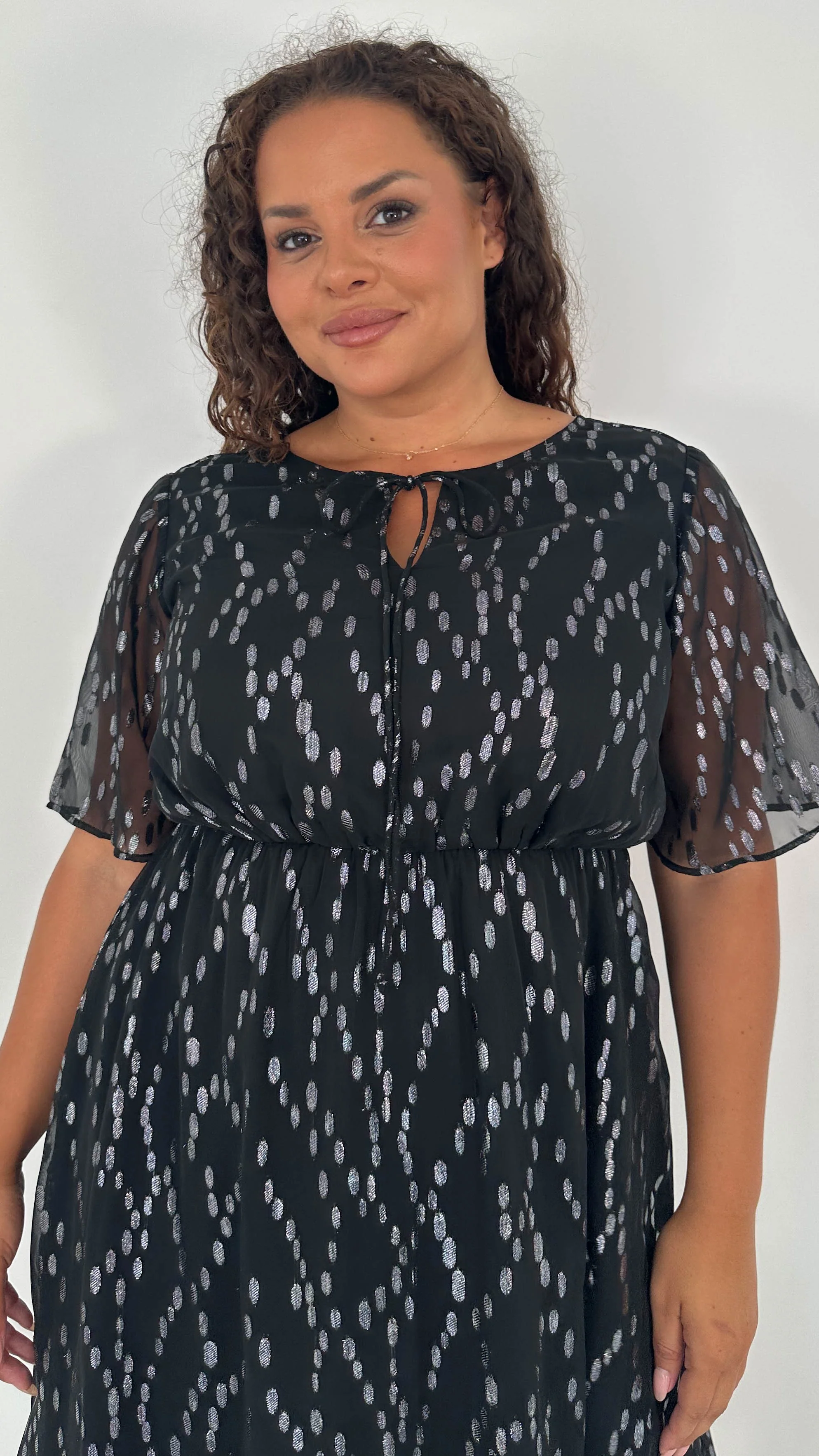 CurveWow Foil Tie Front Midi Dress Black Silver - Image 2
