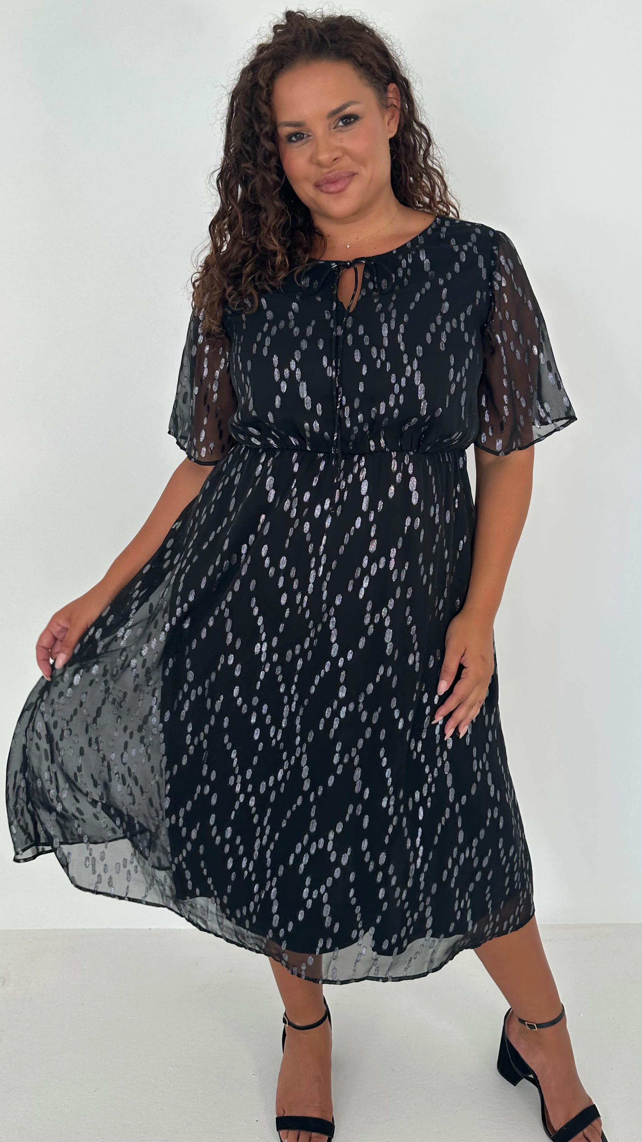 CurveWow Foil Tie Front Midi Dress Black Silver - Image 3