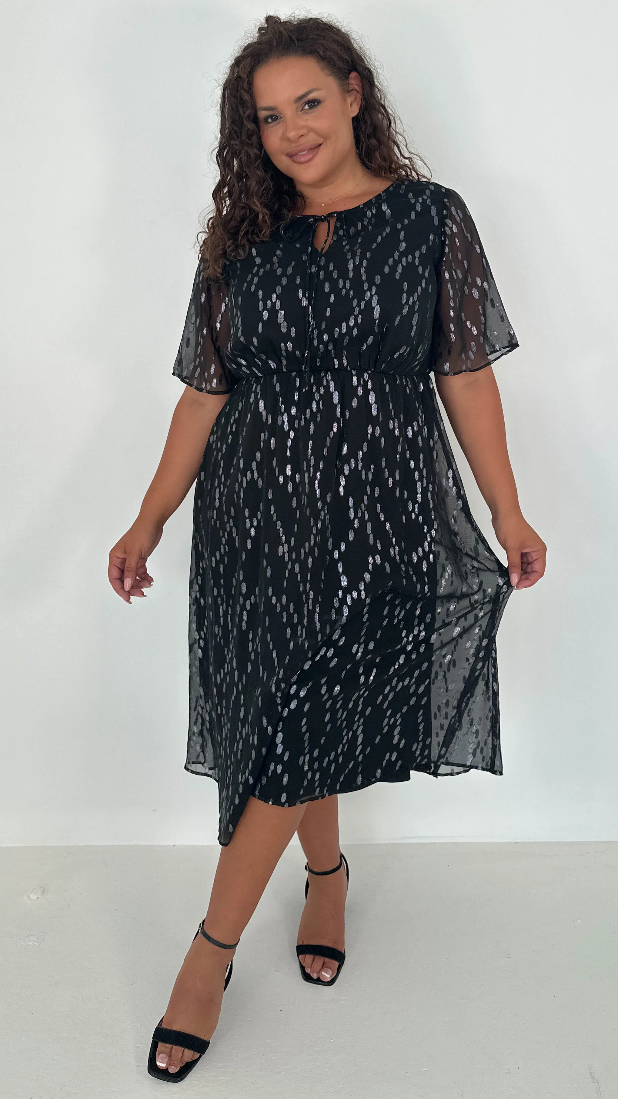 CurveWow Foil Tie Front Midi Dress Black Silver - Image 4