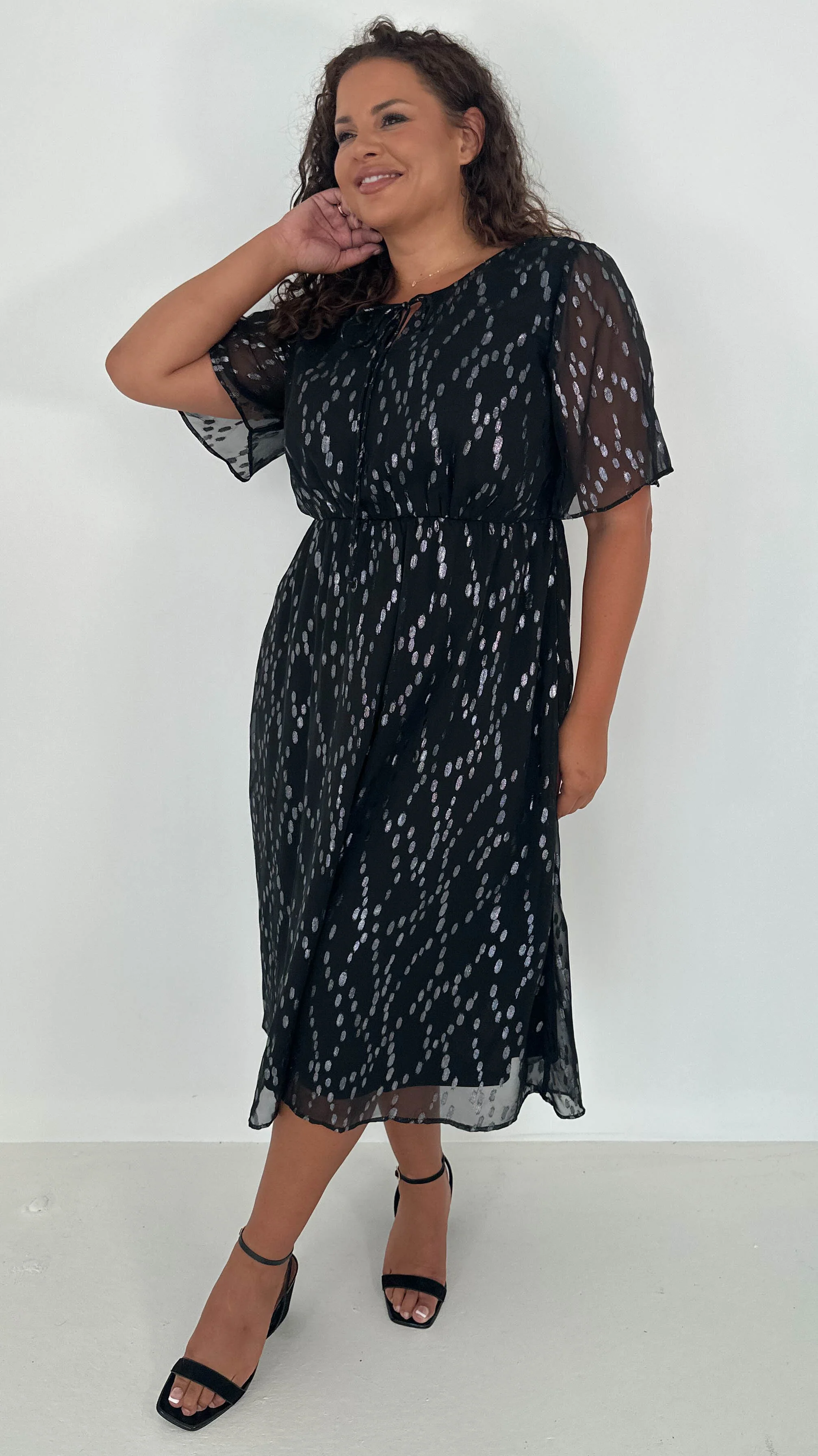 CurveWow Foil Tie Front Midi Dress Black Silver - Image 5