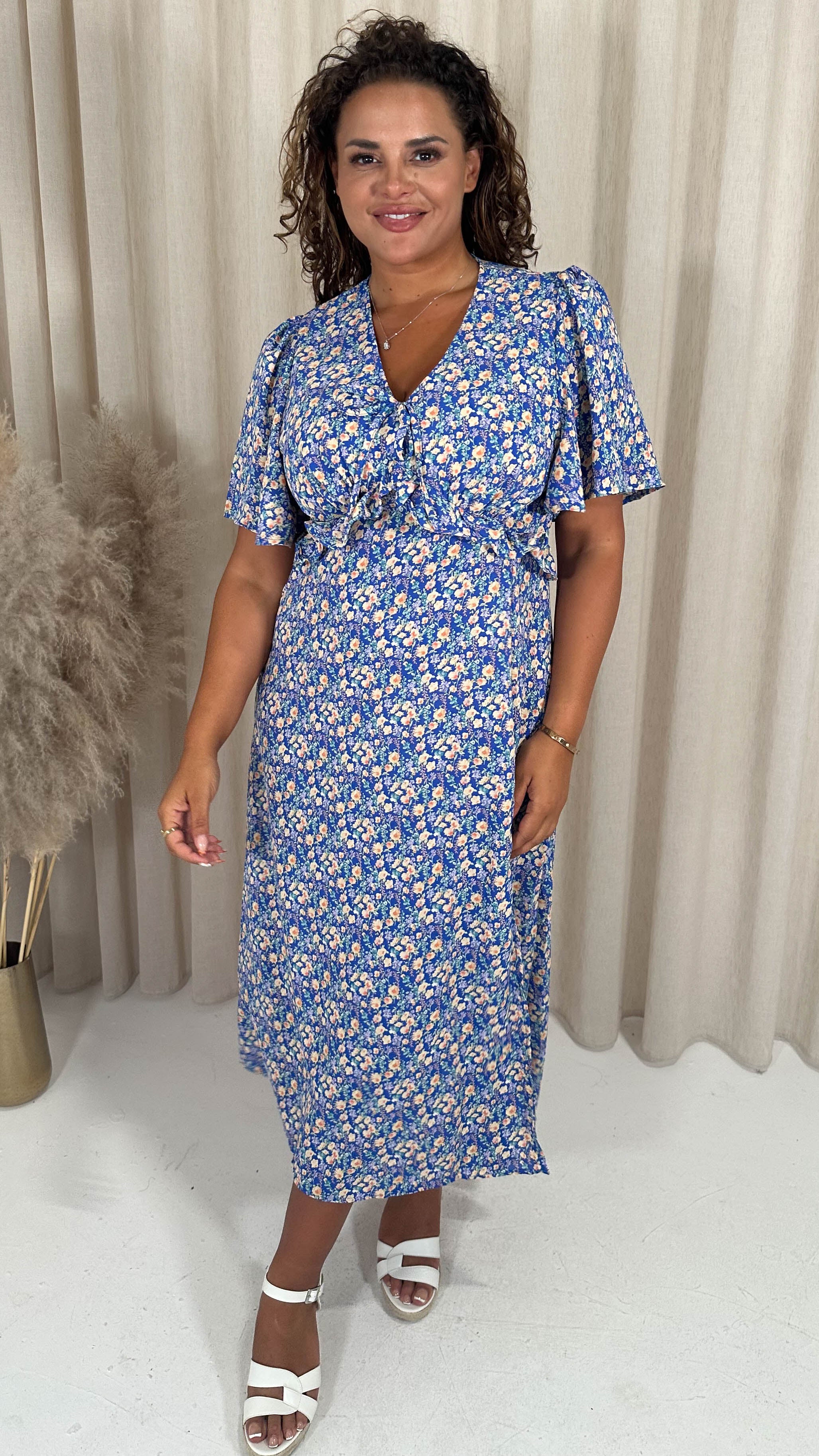 CurveWow Frill Bust Vneck Tea Dress Blue Floral - Image 3