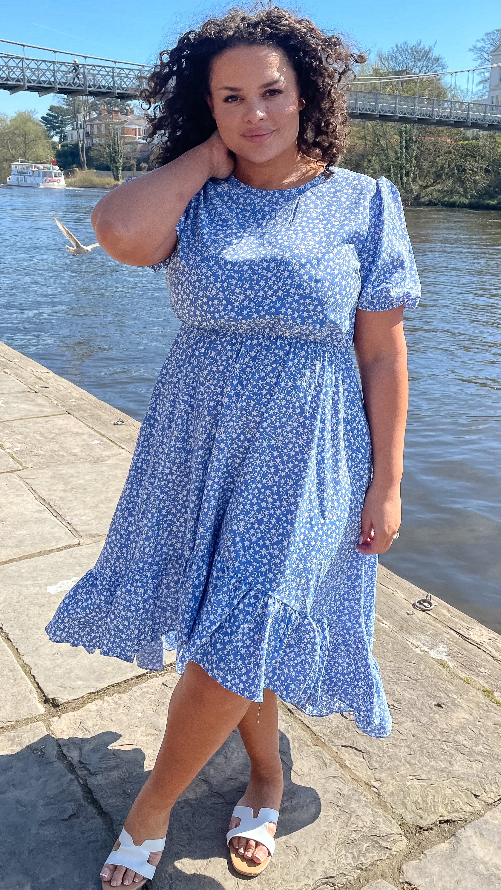 CurveWow Frill Dipped Hem Dress Blue Ditsy - Image 7
