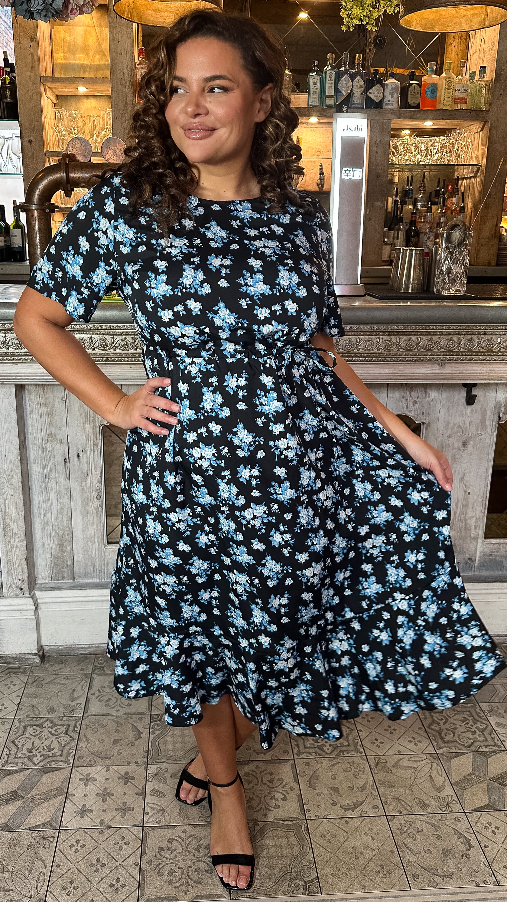CurveWow Frill Hem Midi Dress Black Blue Floral - Image 6