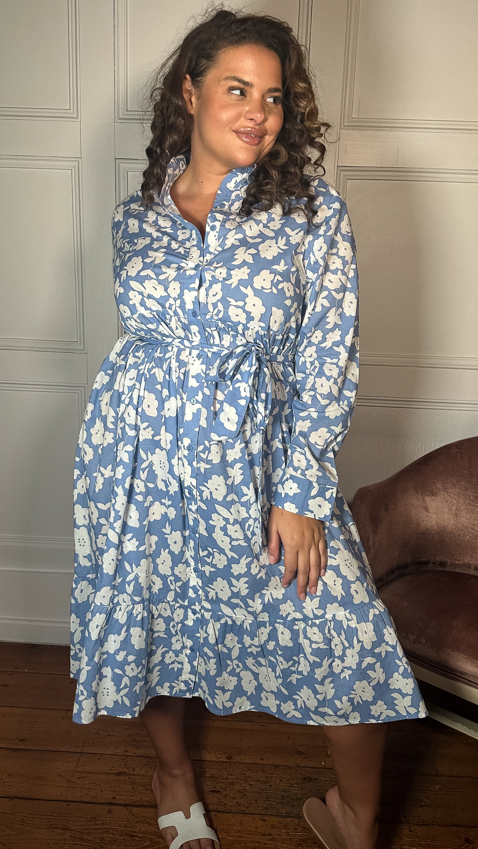 CurveWow Frill Hem Tie Waist Shirt Dress Blue Floral