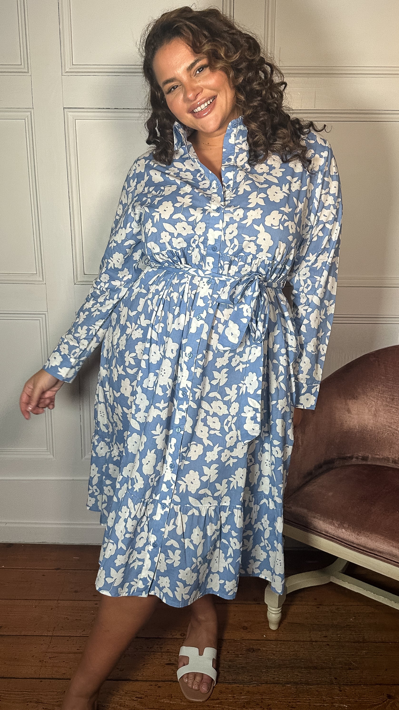 CurveWow Frill Hem Tie Waist Shirt Dress Blue Floral - Image 2