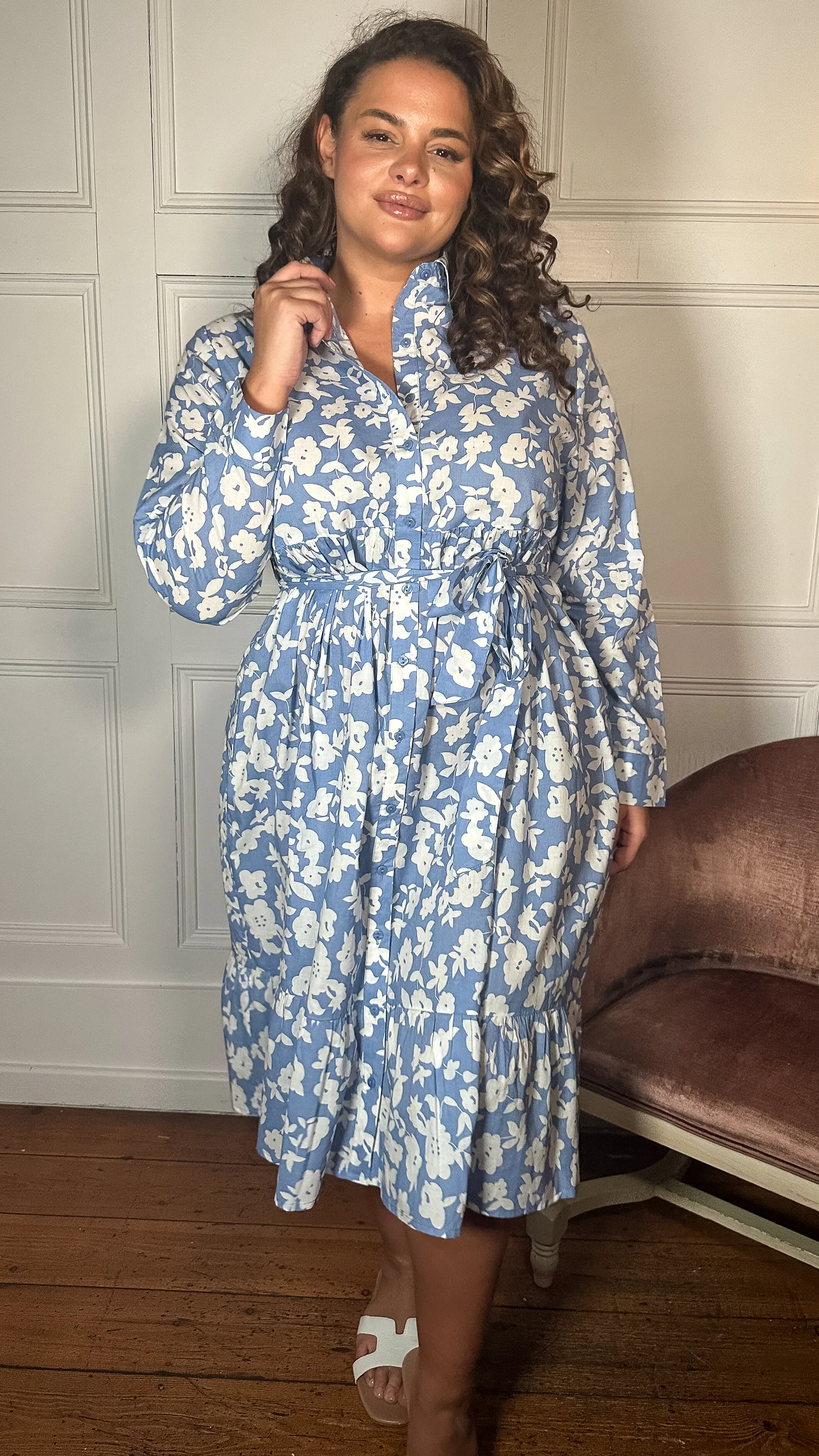 CurveWow Frill Hem Tie Waist Shirt Dress Blue Floral - Image 3
