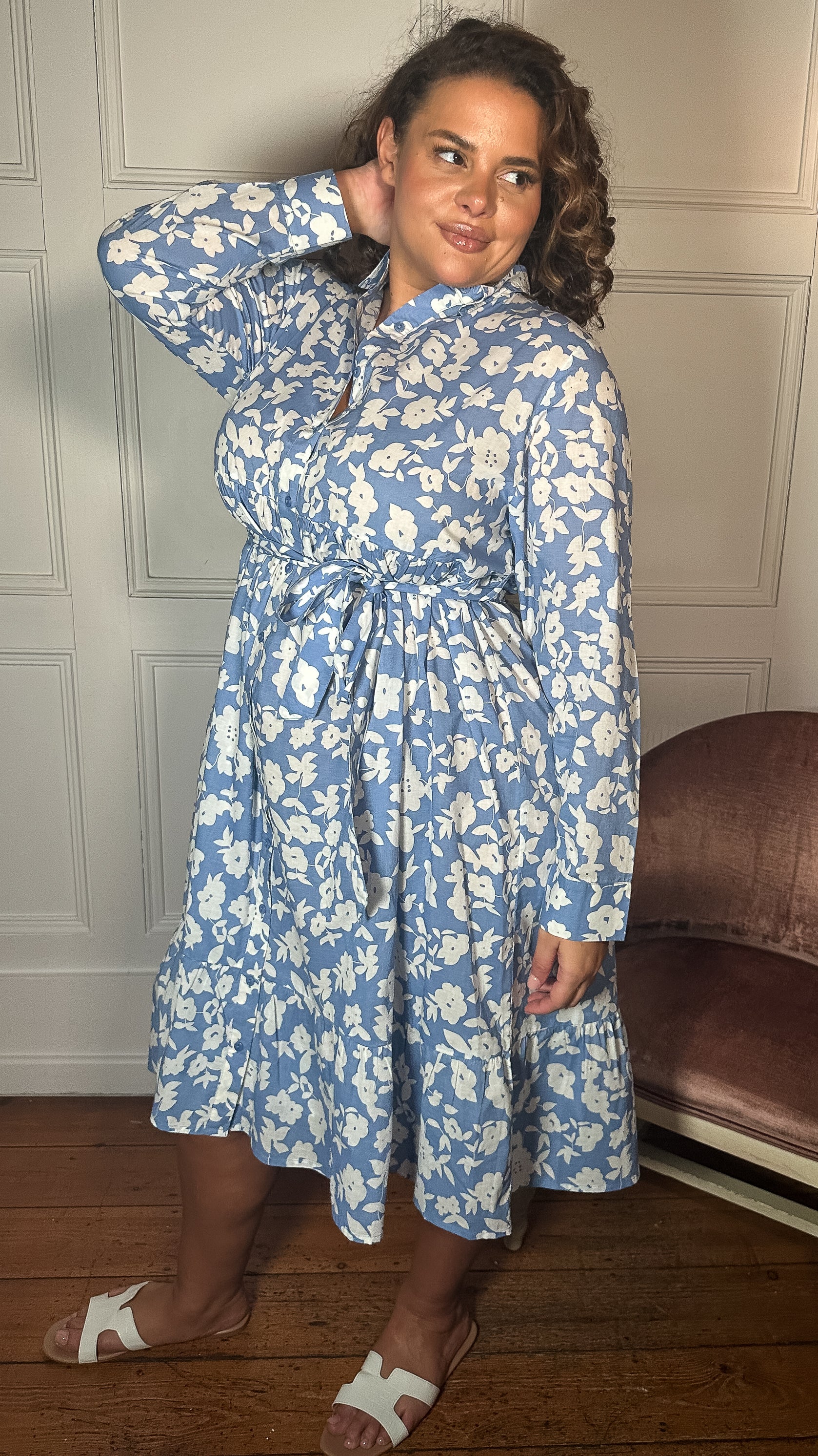 CurveWow Frill Hem Tie Waist Shirt Dress Blue Floral - Image 4