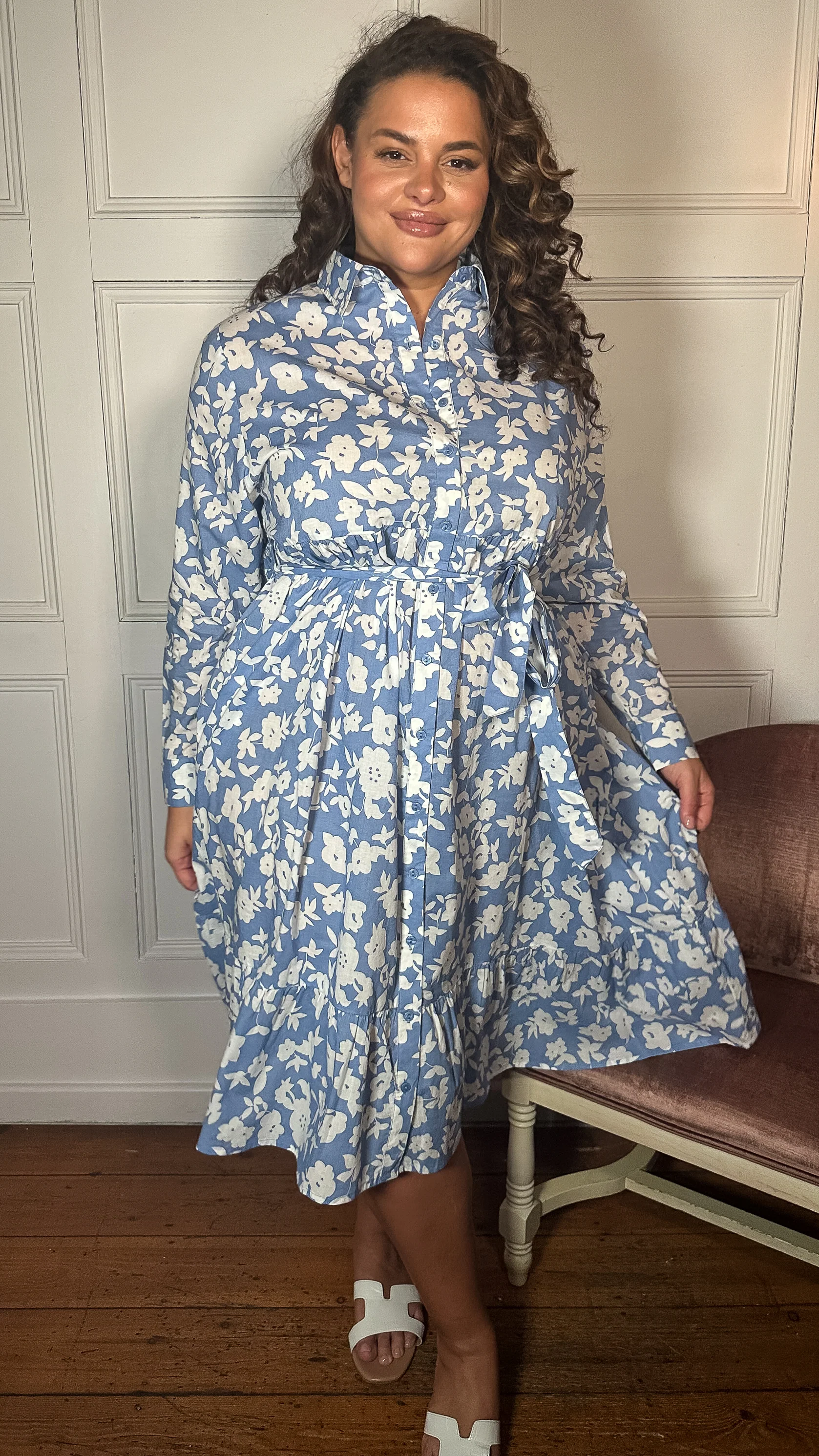 CurveWow Frill Hem Tie Waist Shirt Dress Blue Floral - Image 5