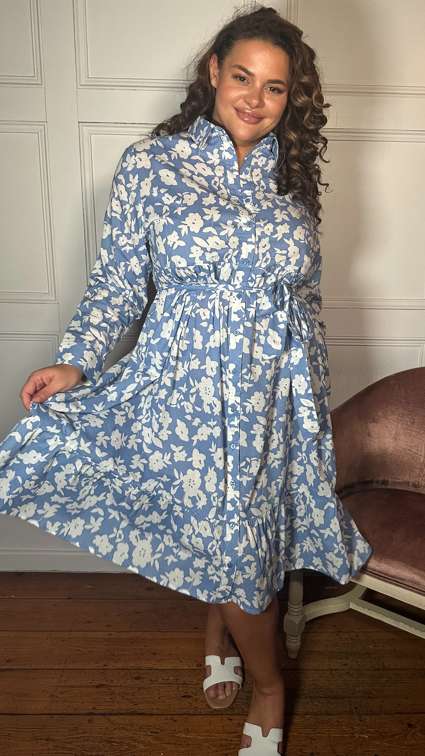 CurveWow Frill Hem Tie Waist Shirt Dress Blue Floral - Image 6