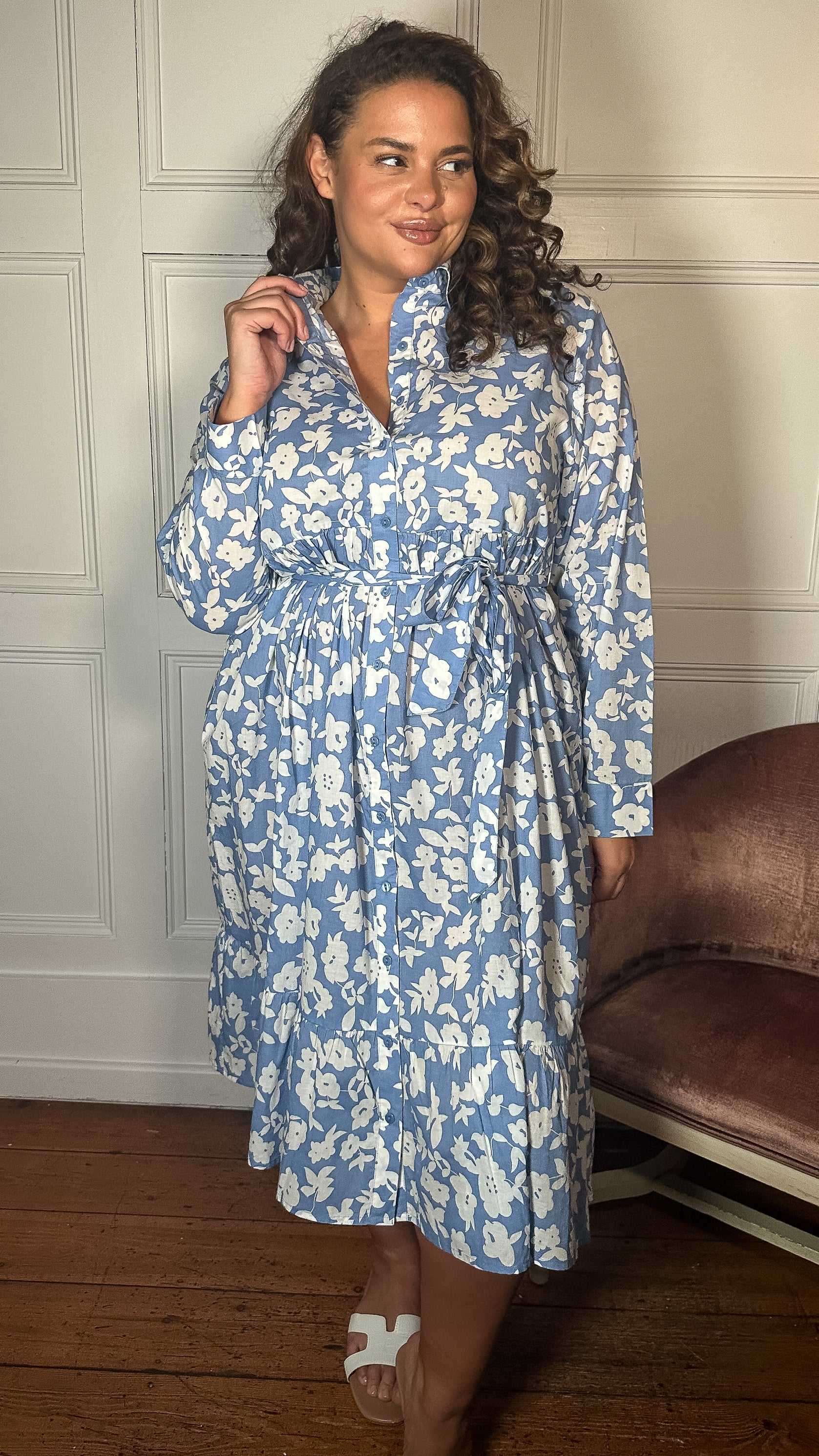 CurveWow Frill Hem Tie Waist Shirt Dress Blue Floral - Image 7