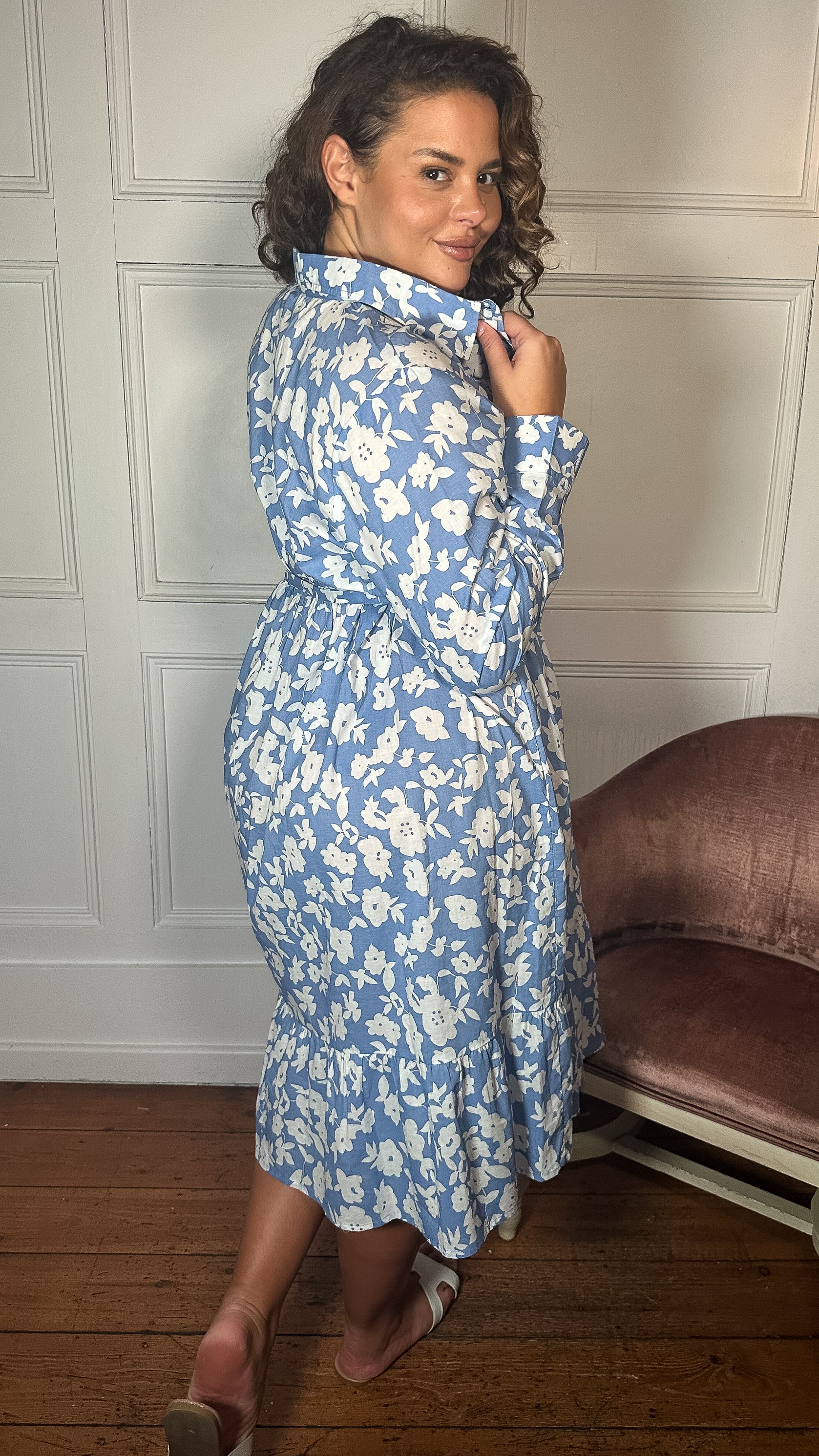 CurveWow Frill Hem Tie Waist Shirt Dress Blue Floral - Image 8