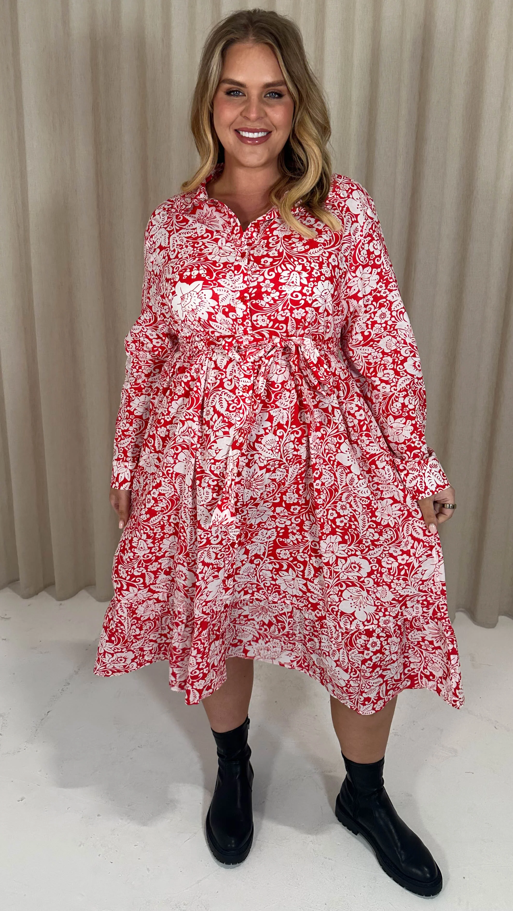 CurveWow Frill Hem Tie Waist Shirt Dress Red Floral - Image 4