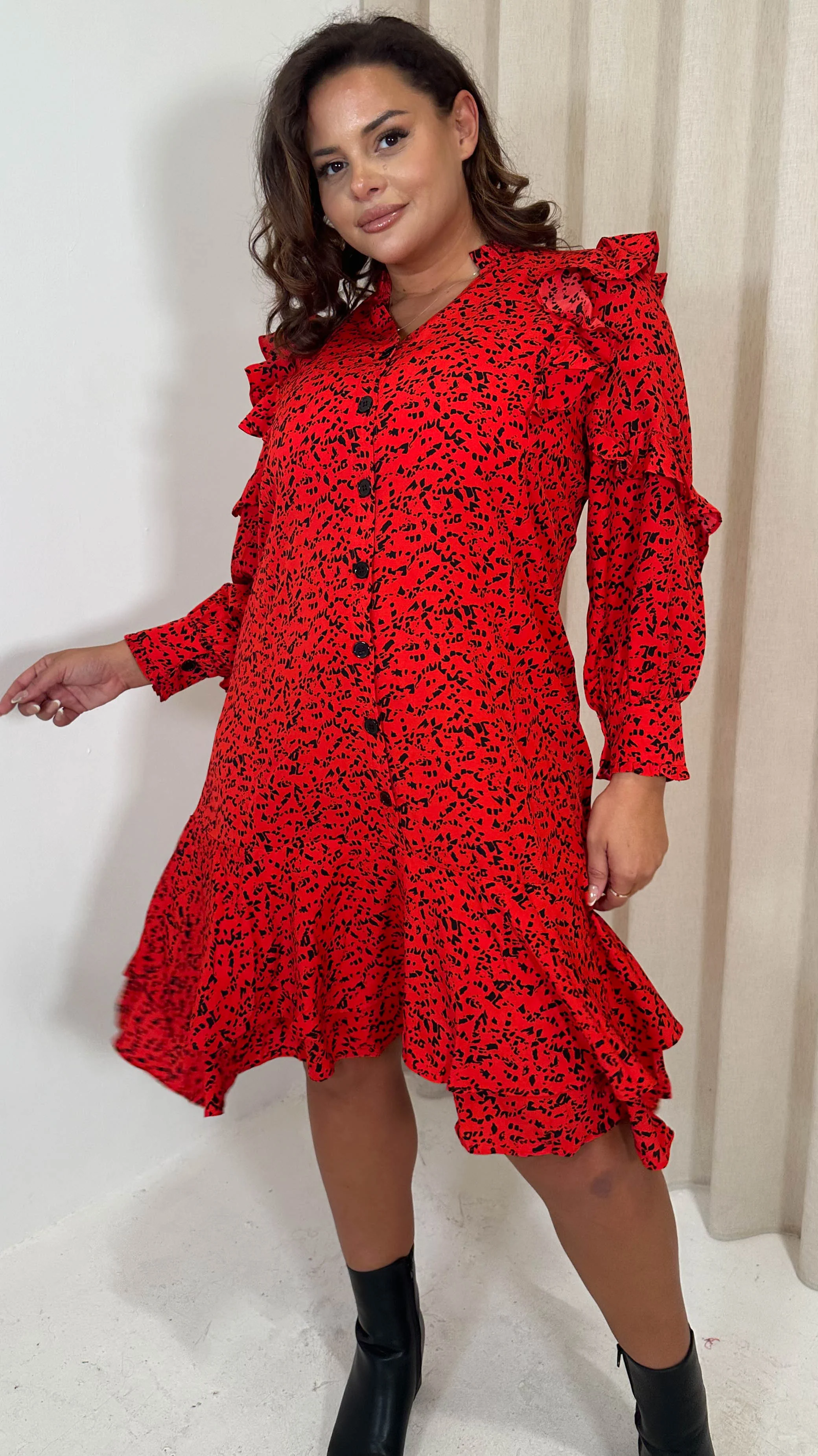 CurveWow Frill Shirt Dress Red Animal - Image 3
