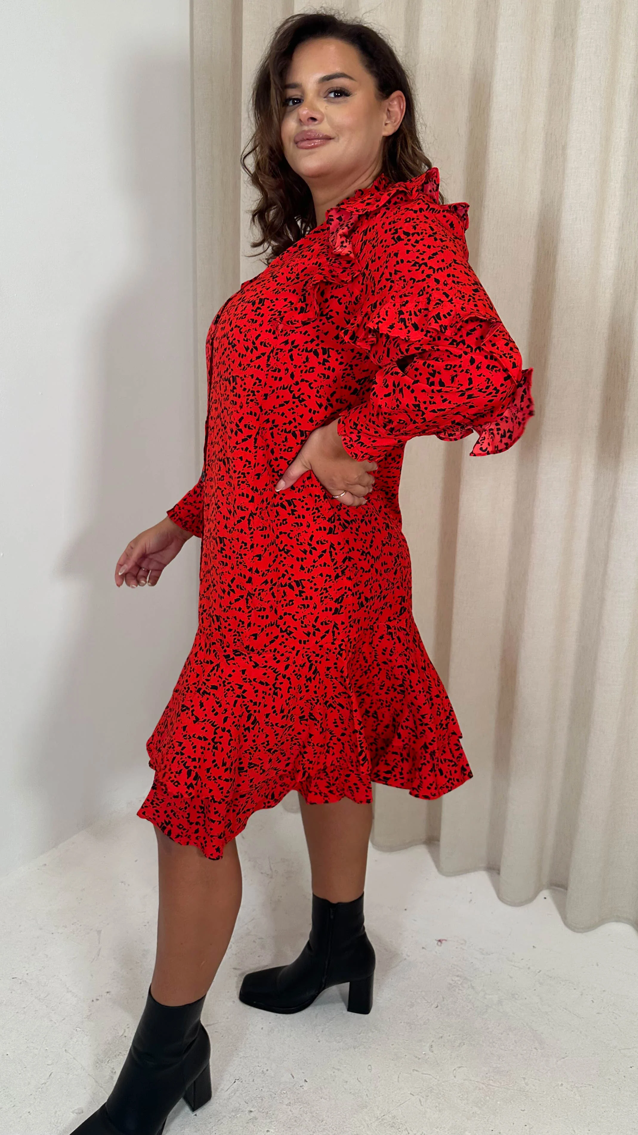 CurveWow Frill Shirt Dress Red Animal - Image 5