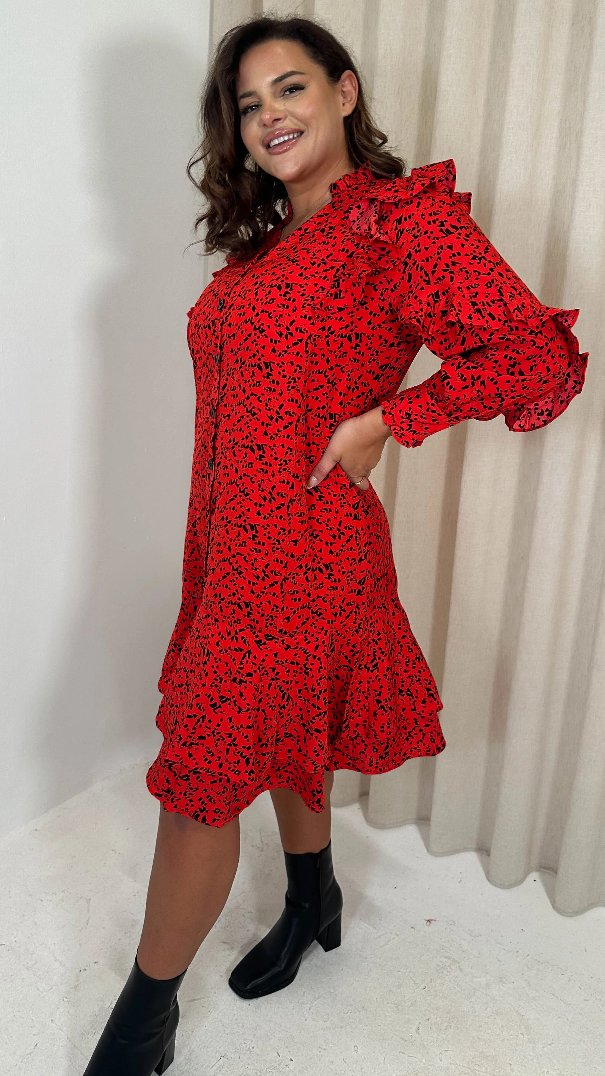 CurveWow Frill Shirt Dress Red Animal - Image 7