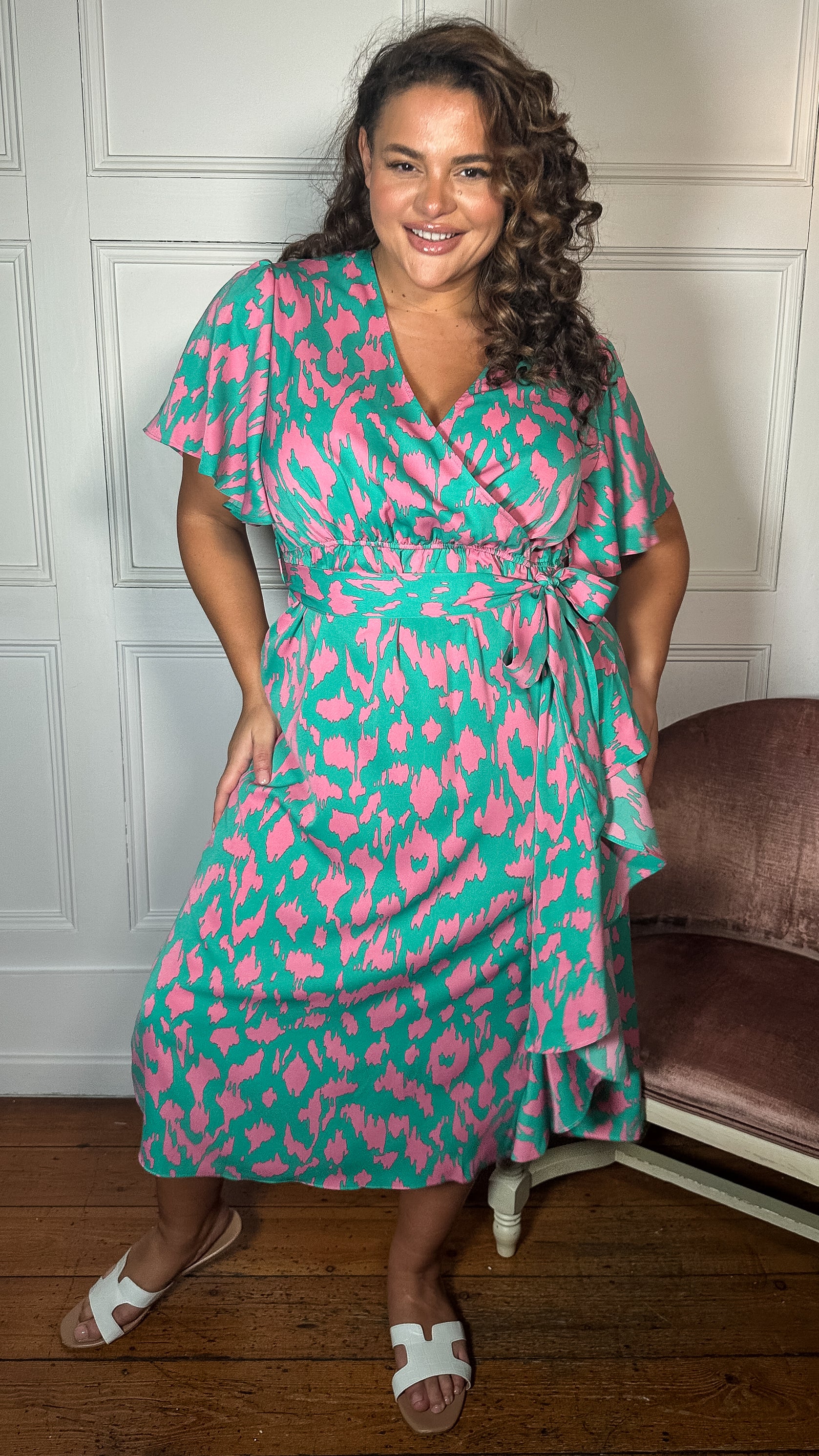 CurveWow Frill Angel Sleeve Wrap Midi Dress Green Animal