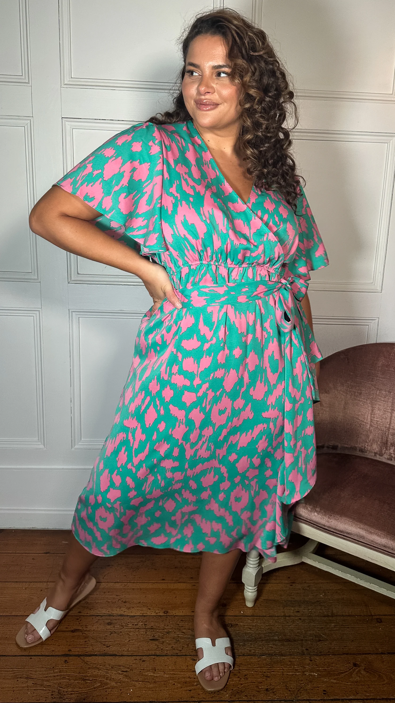 CurveWow Frill Angel Sleeve Wrap Midi Dress Green Animal - Image 2