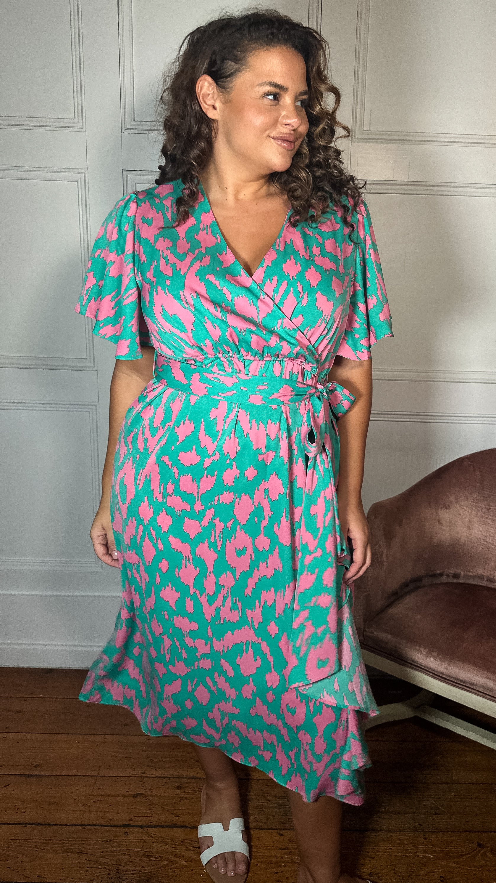 CurveWow Frill Angel Sleeve Wrap Midi Dress Green Animal - Image 3