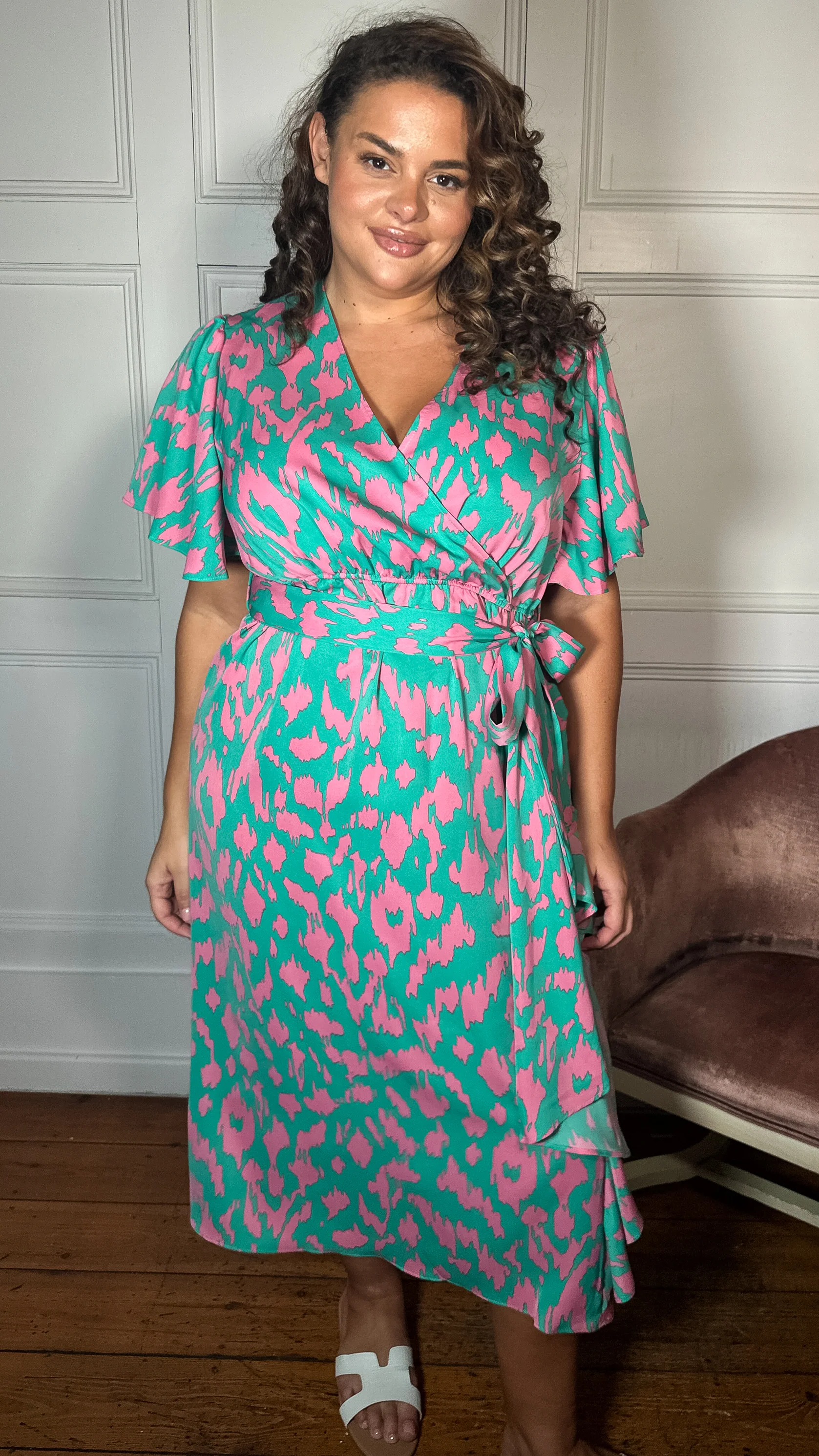 CurveWow Frill Angel Sleeve Wrap Midi Dress Green Animal - Image 4