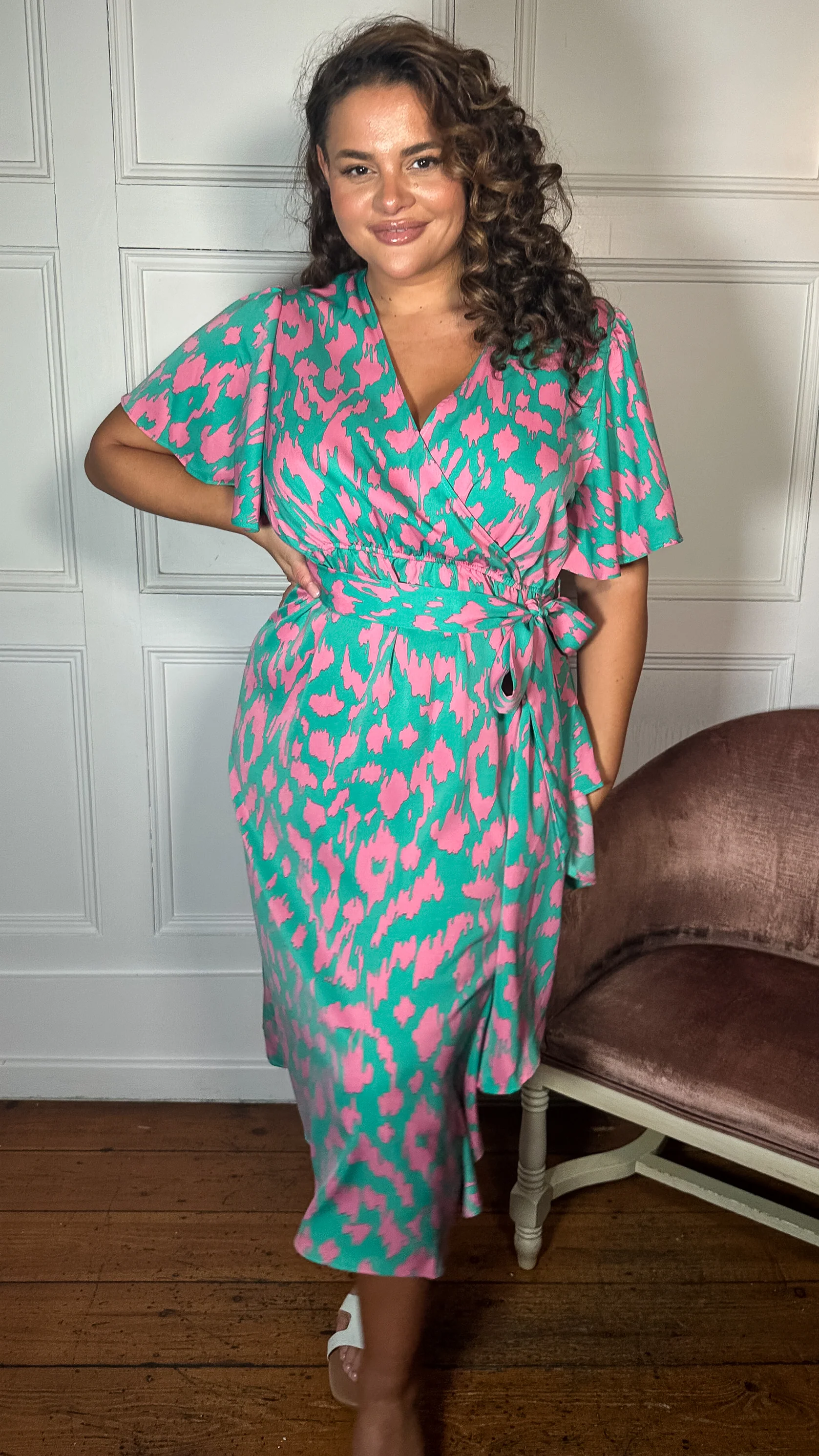CurveWow Frill Angel Sleeve Wrap Midi Dress Green Animal - Image 6