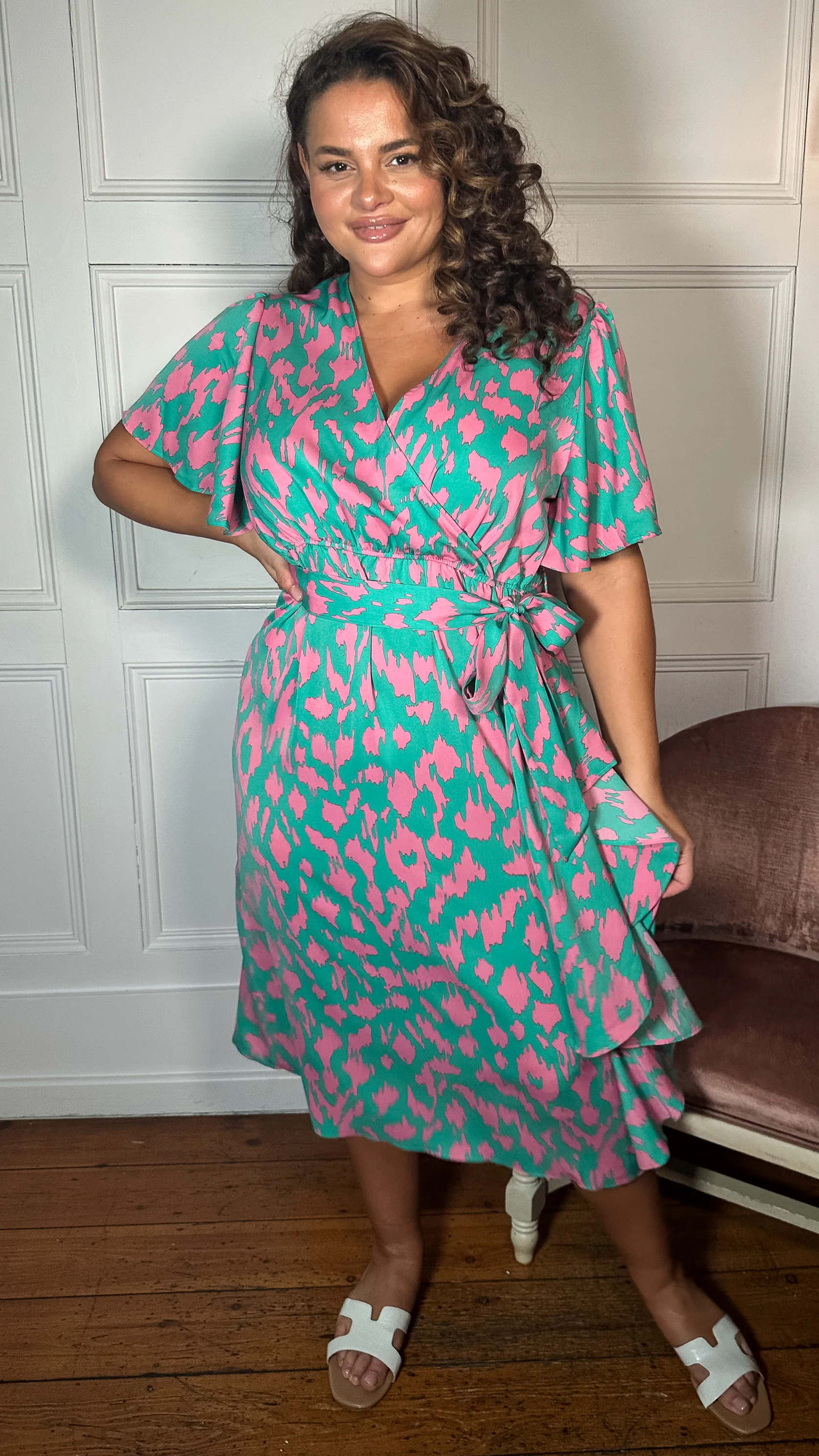 CurveWow Frill Angel Sleeve Wrap Midi Dress Green Animal - Image 7