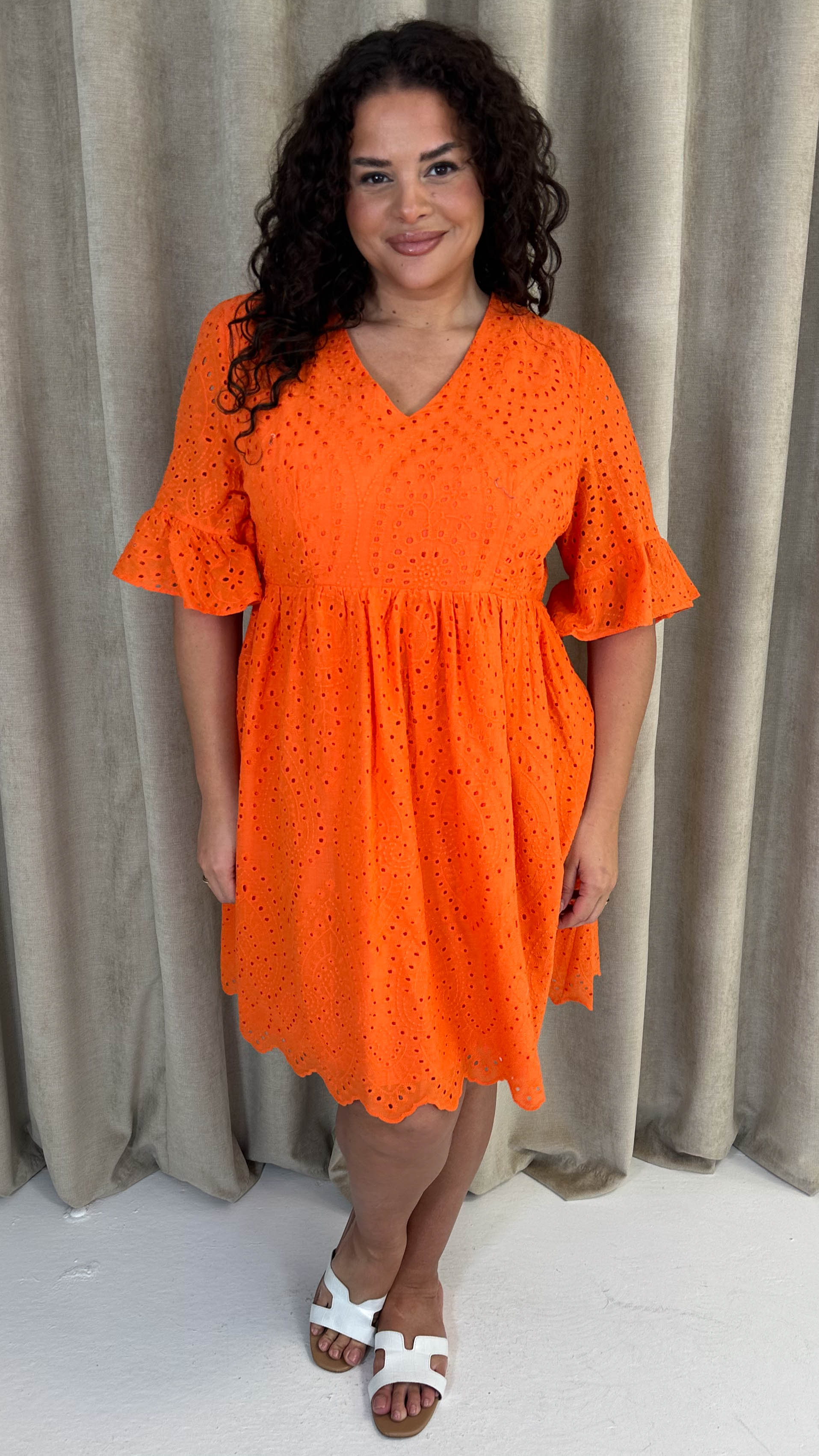 CurveWow Frill Sleeve Broderie Smock Dress Orange - Image 3