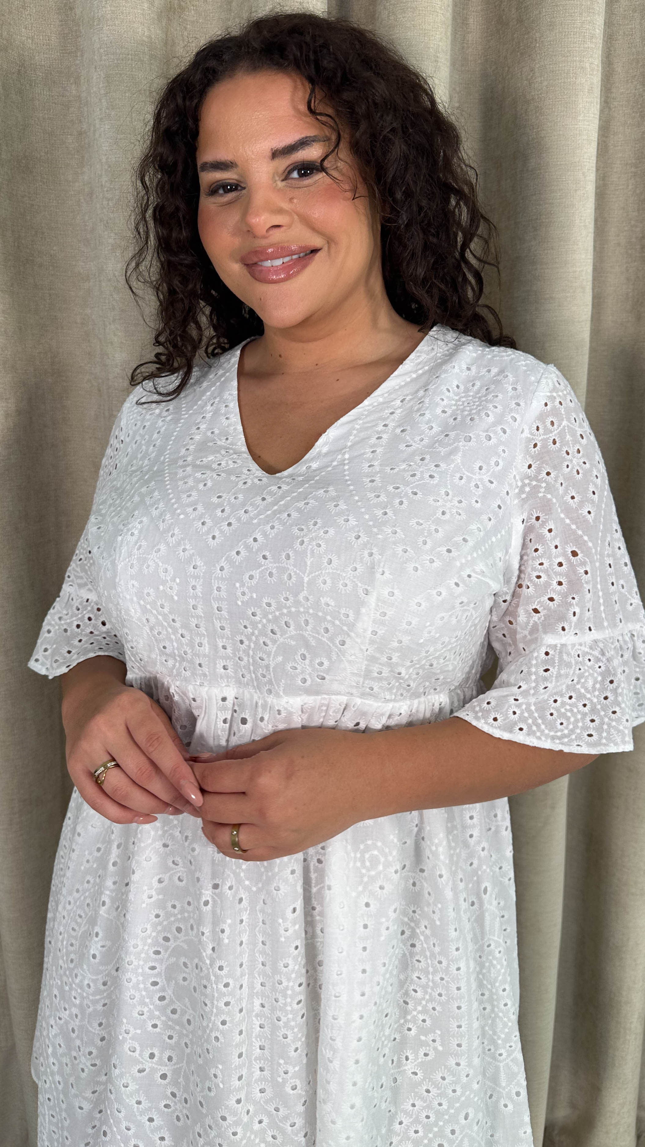 CurveWow Frill Sleeve Broderie Smock Dress White - Image 2